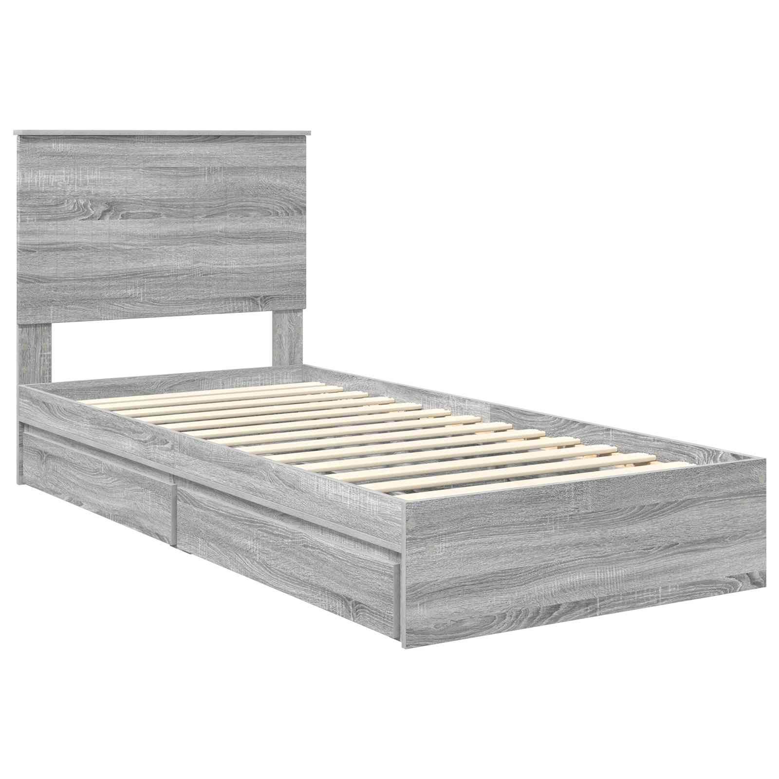 Ein Holz-Doppelbett mit einem hohen Kopfteil und Lattenrost, ausgestattet mit einer hellen, holzmaserungsfarbenen Oberfläche.