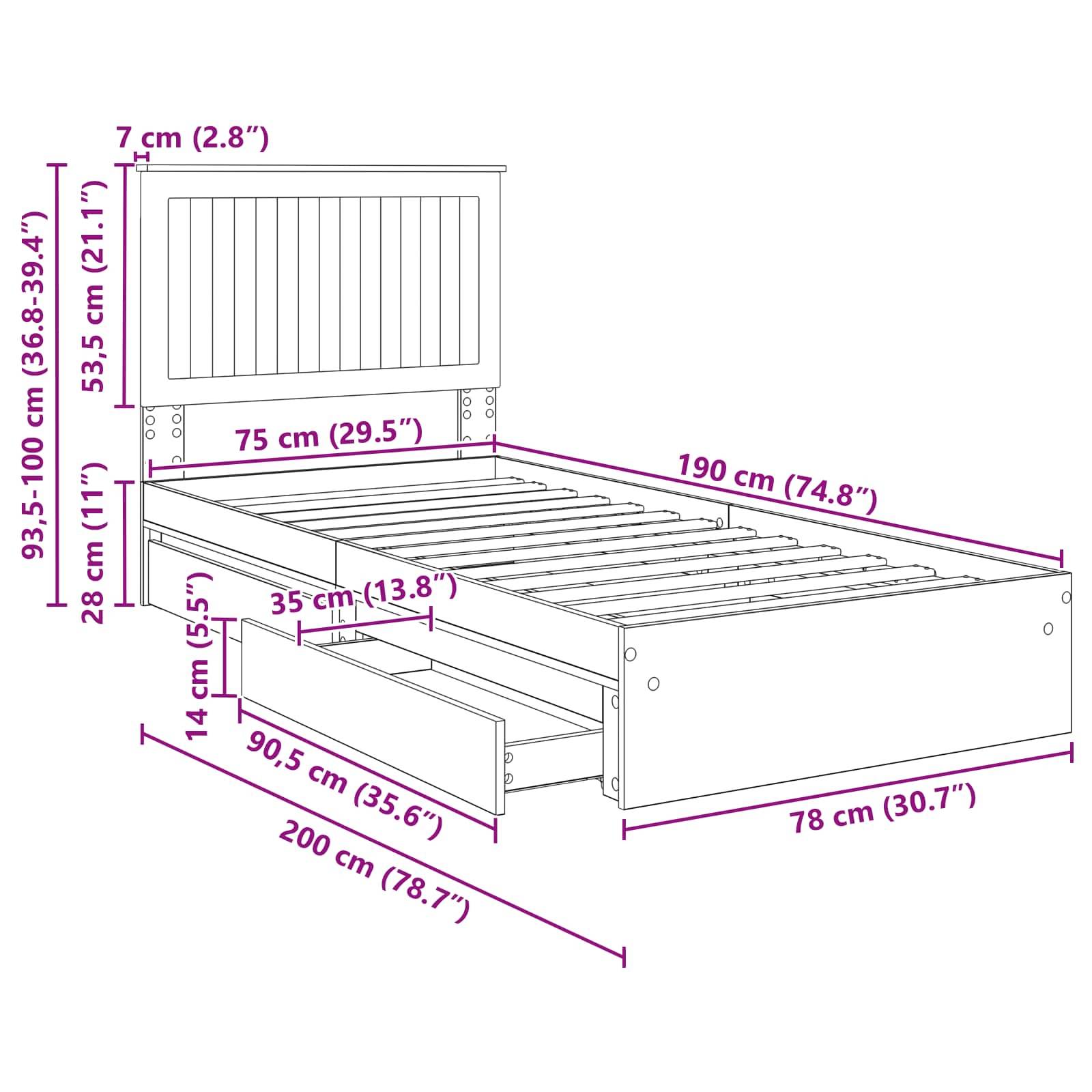 Bettrahmenmaße: Länge 200 cm, Breite 78 cm, Kopfteilhöhe 93,5-100 cm. Inklusive einer Schublade: 90,5 cm breit, 35 cm tief.