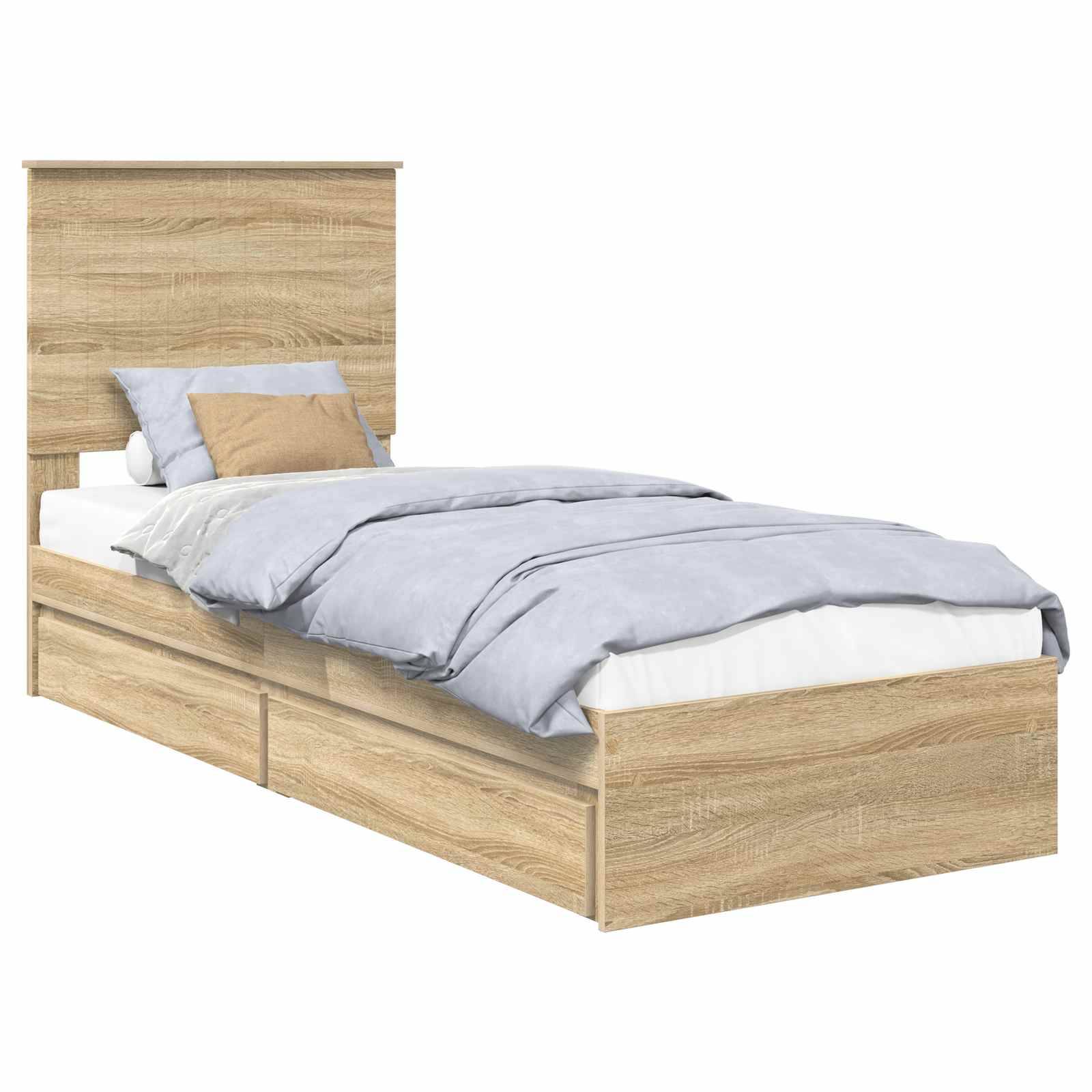 Ein Holz-Einzelbett mit hohem Kopfteil und zwei herausziehbaren Schubladen darunter, ausgestattet mit weißer und hellblauer Bettwäsche und einem beigen Kissen.