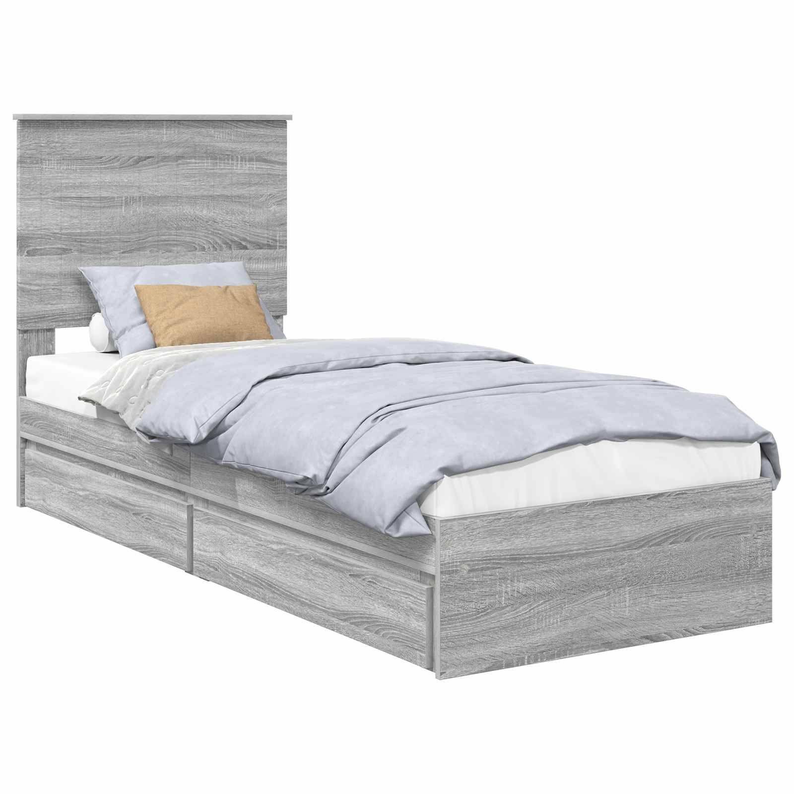 Ein grauer Holz-Einzelbett mit hohem Kopfteil, hellblauer Bettwäsche, einem beigen Akzentकissen und zwei Aufbewahrungsschubladen darunter.