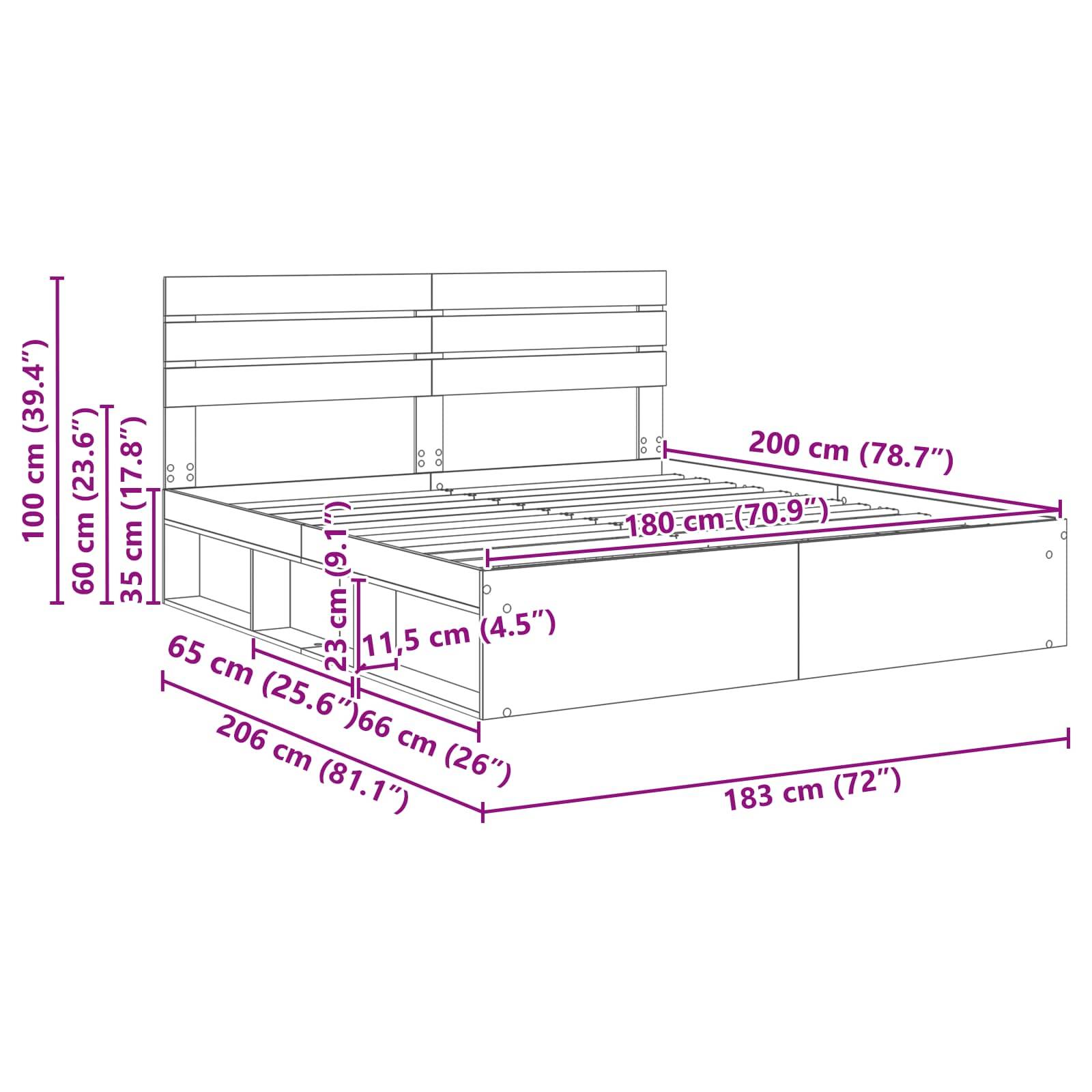 Diagramm der Bettabmessungen mit Kopfteil. Breite: 183 cm (72