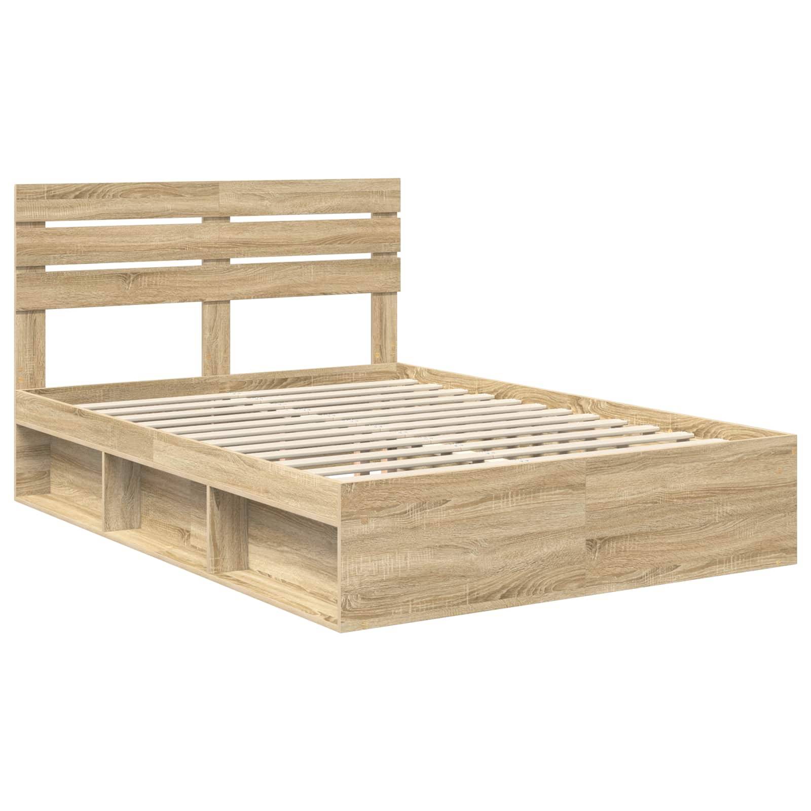 Holzbettgestell mit Lamellenkopfteil und integrierten Stauraumfächern im Untergestell. Helle Eichenholz-Ausführung. Ohne Matratze.