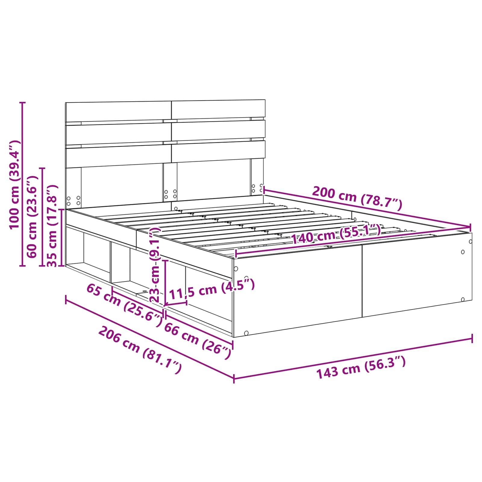 Darstellung eines Bettgestells mit Maßangaben: 200 cm lang, 140 cm breit, 100 cm Kopfteilhöhe. Seitenhöhe beträgt 35 cm. Grundmaße und Stauraum angegeben.