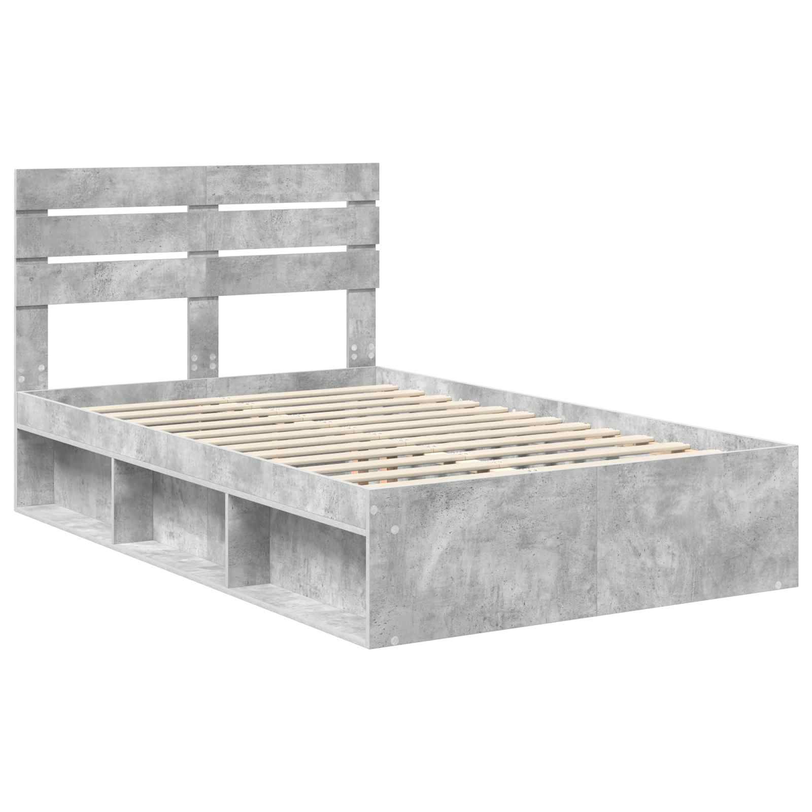 Ein graues Holz-Doppelbettgestell mit einer Latten-Kopfseite und Stauraum-Regalen unter dem Bett, das ein minimalistisches und modernes Design aufweist.