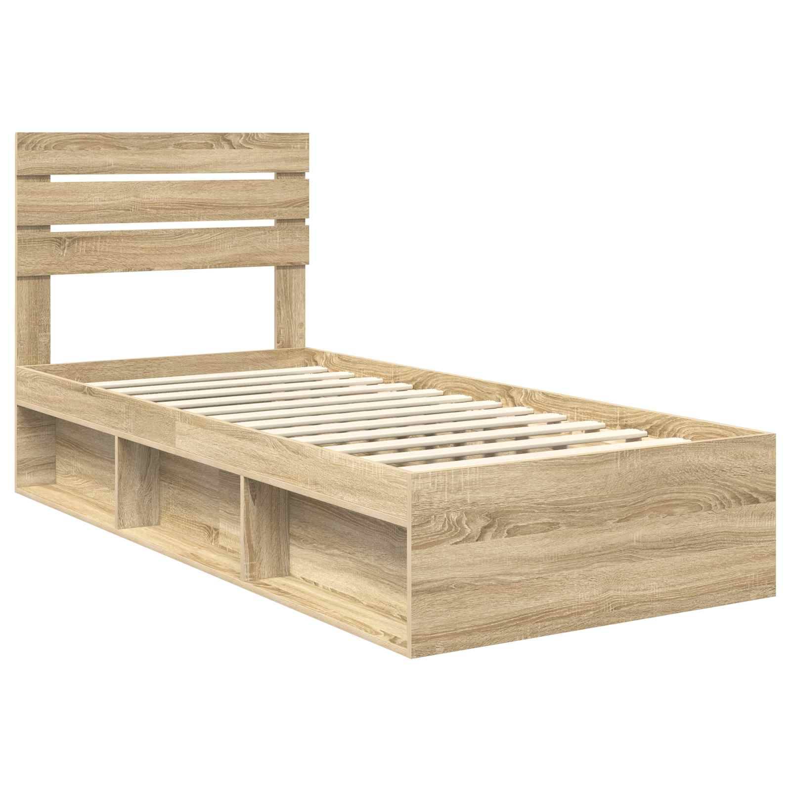 Ein Holzbettgestell in hellem Braun mit einem Lamellenkopfteil und integrierten Regalen an den Seiten, das auf Raumeffizienz und Stauraum ausgelegt ist.