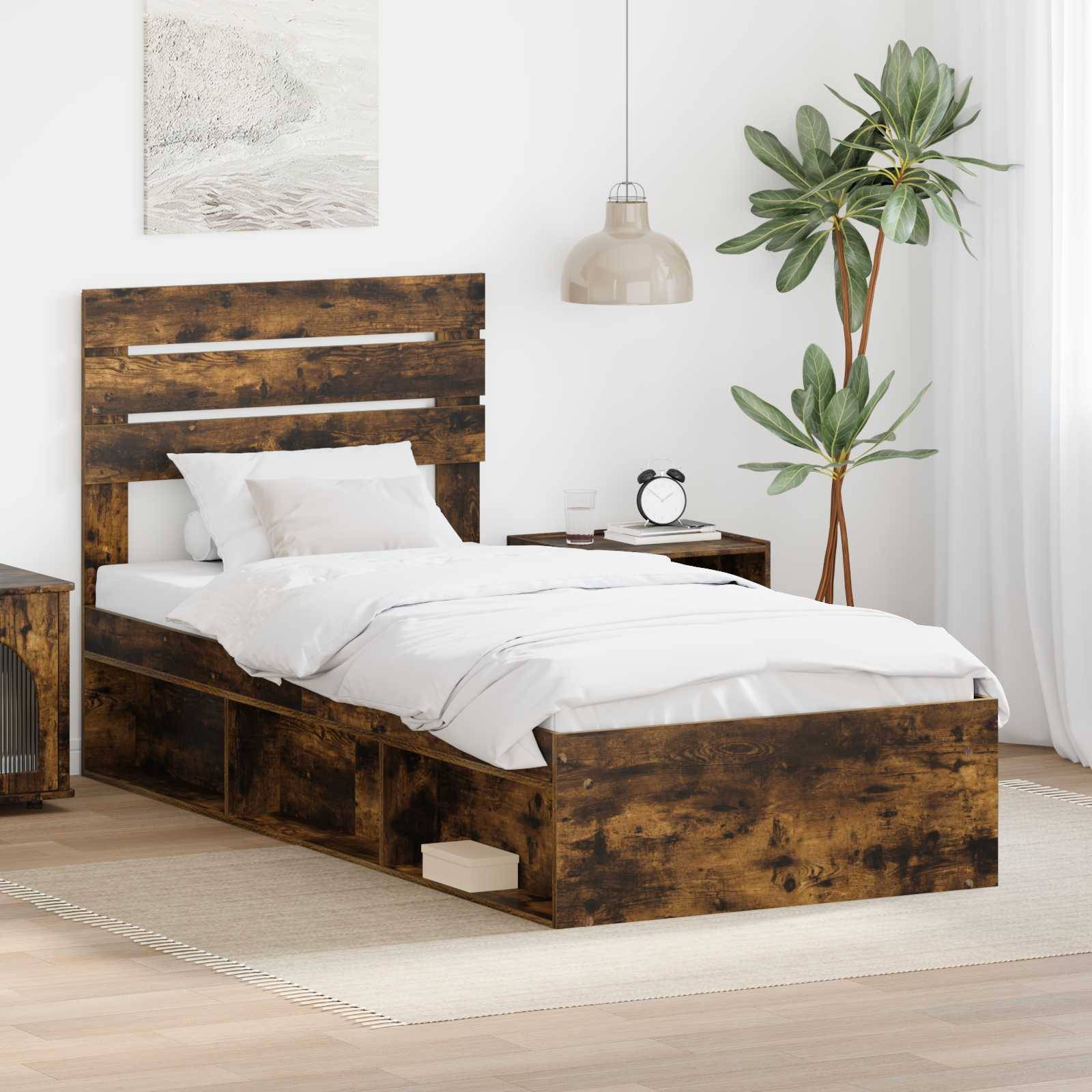 vidaXL Bettrahmen Geräucherte Eiche 90 x 200 cm Massives Kiefernholz