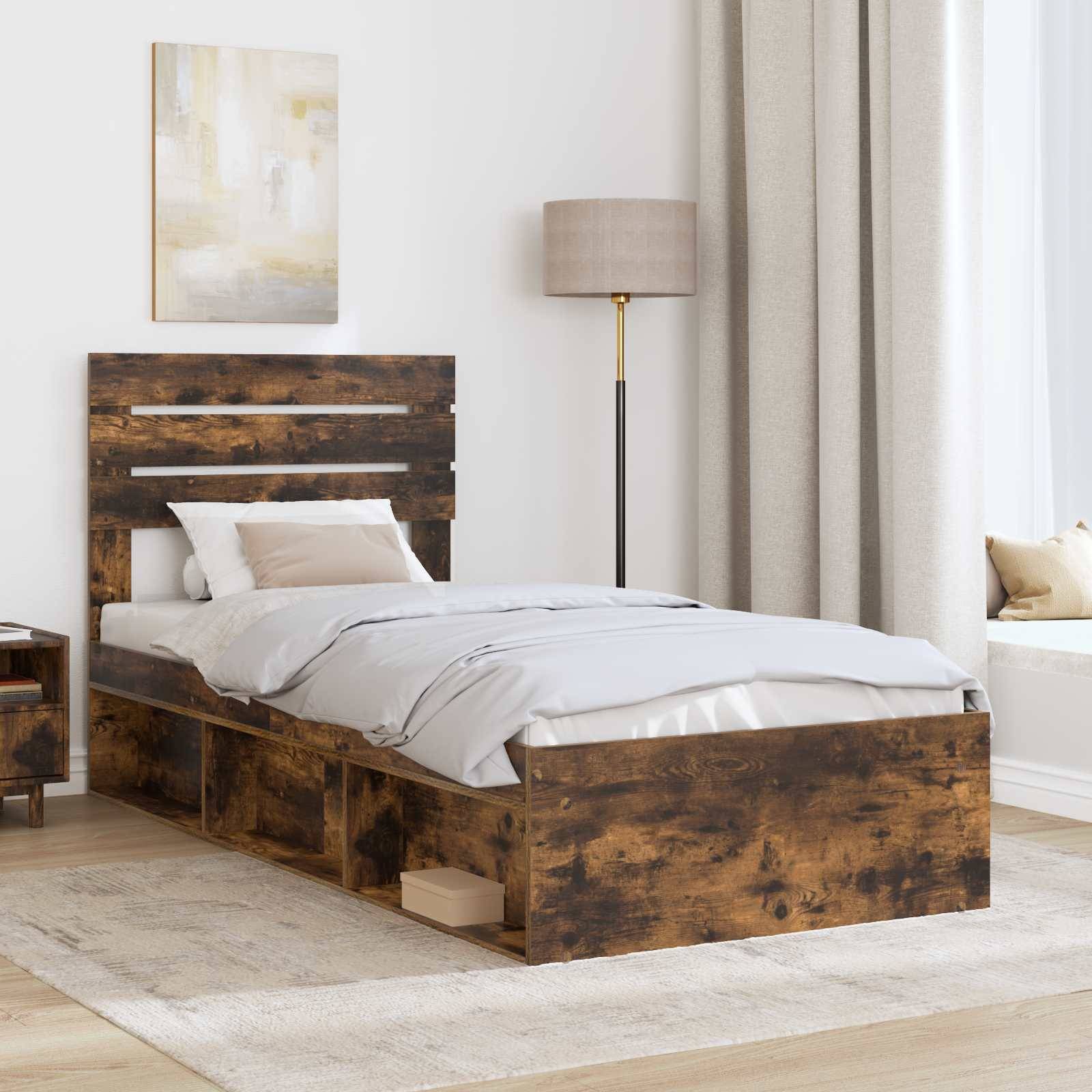 vidaXL Bettrahmen Geräucherte Eiche 90 x 190 cm Massives Kiefernholz