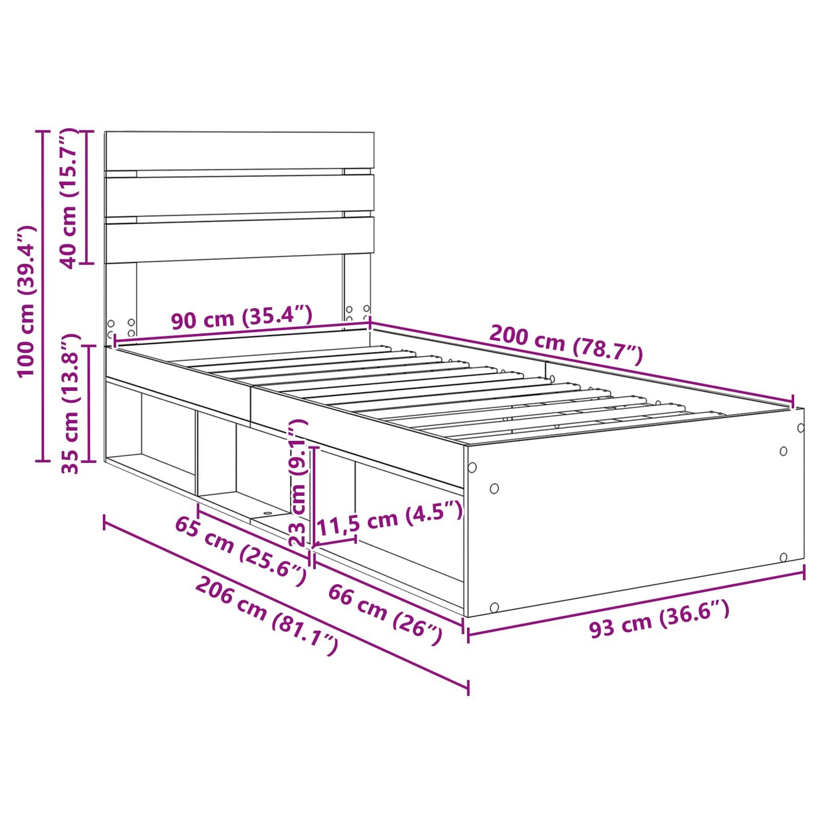 Bettrahmen-Diagramm mit Abmessungen in Zentimetern und Zoll, das einen Stauraum unter dem Bett und einen Kopfteil mit Latten zeigt.