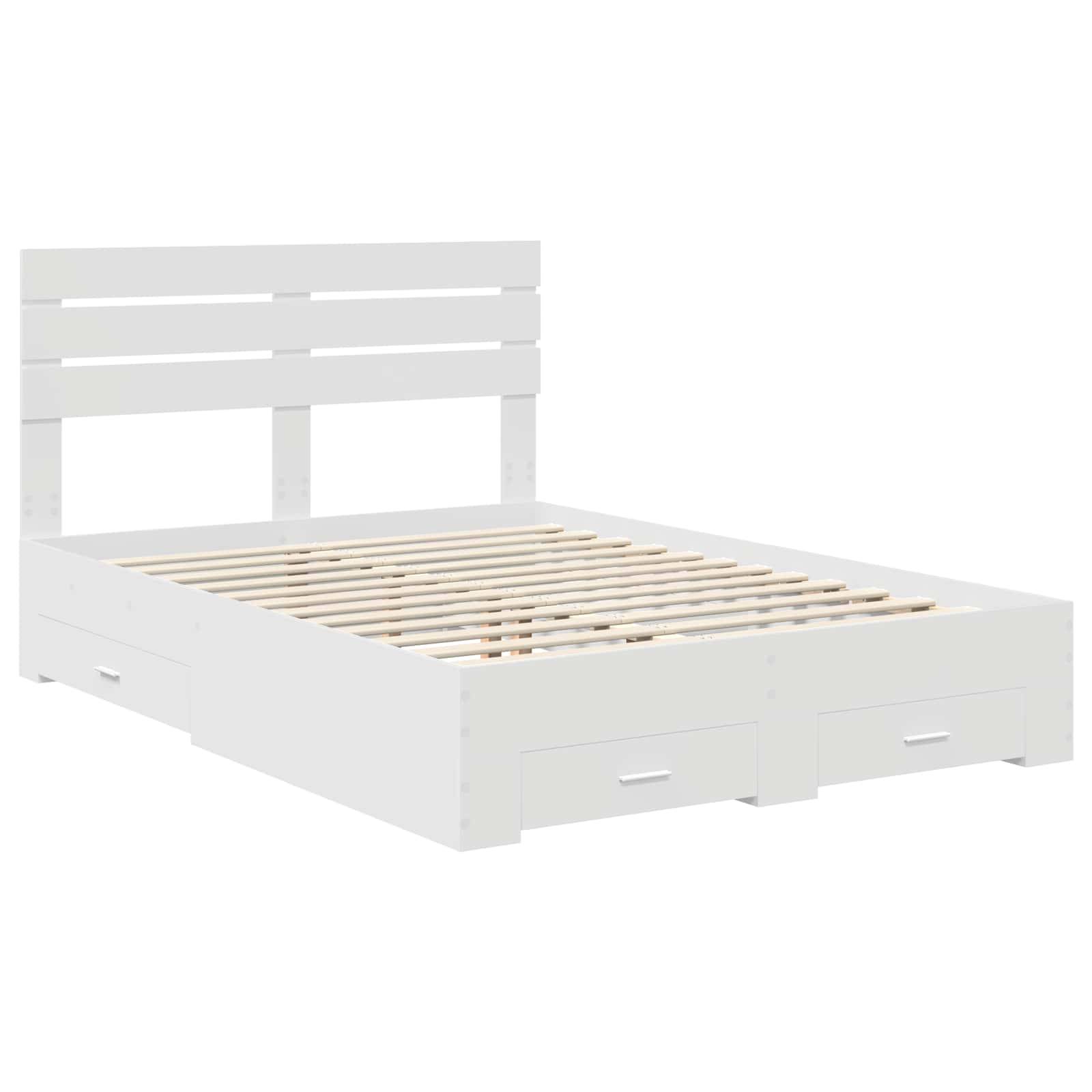 Ein weißer Holzbettrahmen mit einem Lattenrost-Kopfteil und Unterbett-Schubladen, konzipiert für ein modernes und minimalistisches Schlafzimmer.