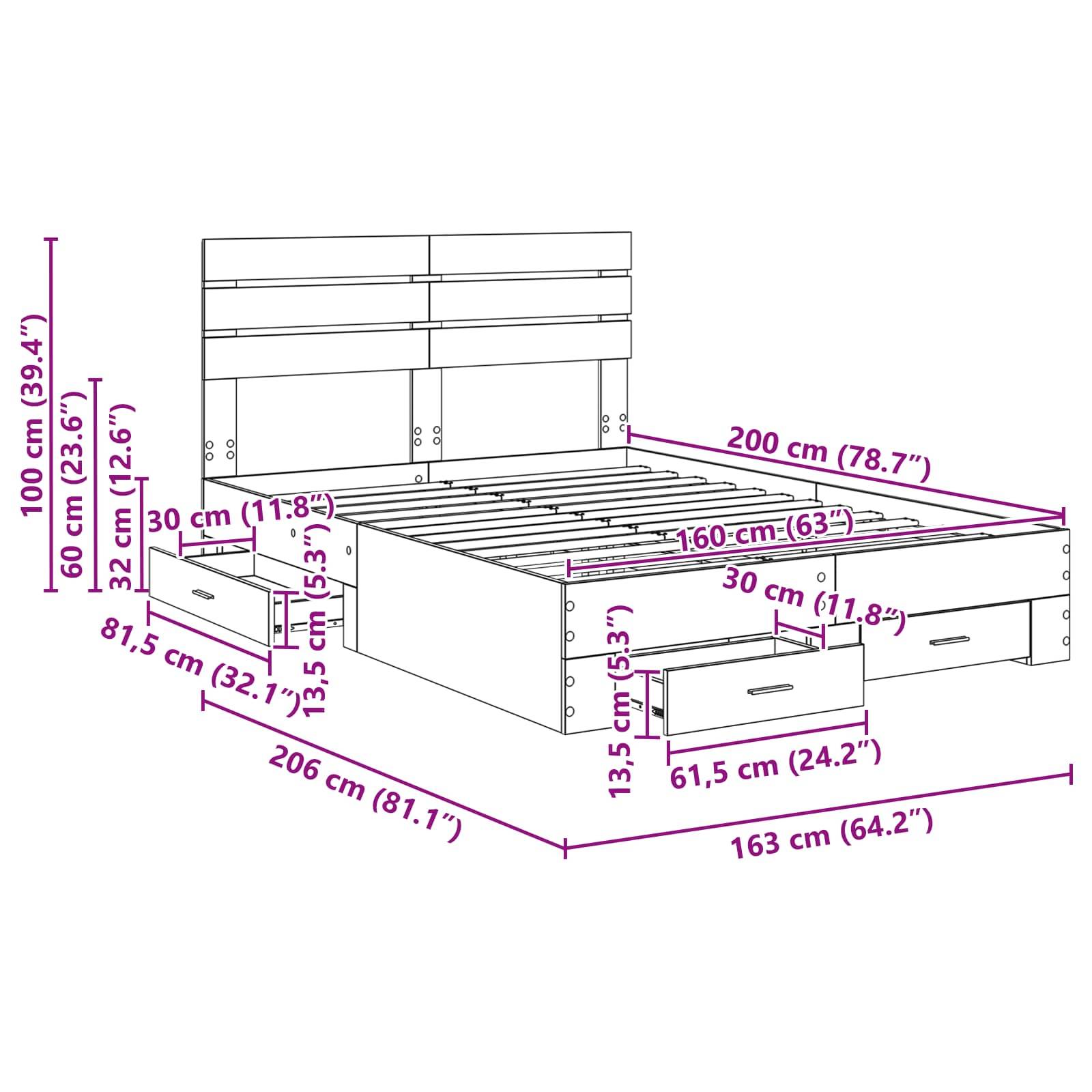Bettrahmen mit Kopfteil und Staurageschubladen. Maße angegeben: 200 cm Länge, 206 cm Breite, 100 cm Höhe. Details der Schubladen enthalten.