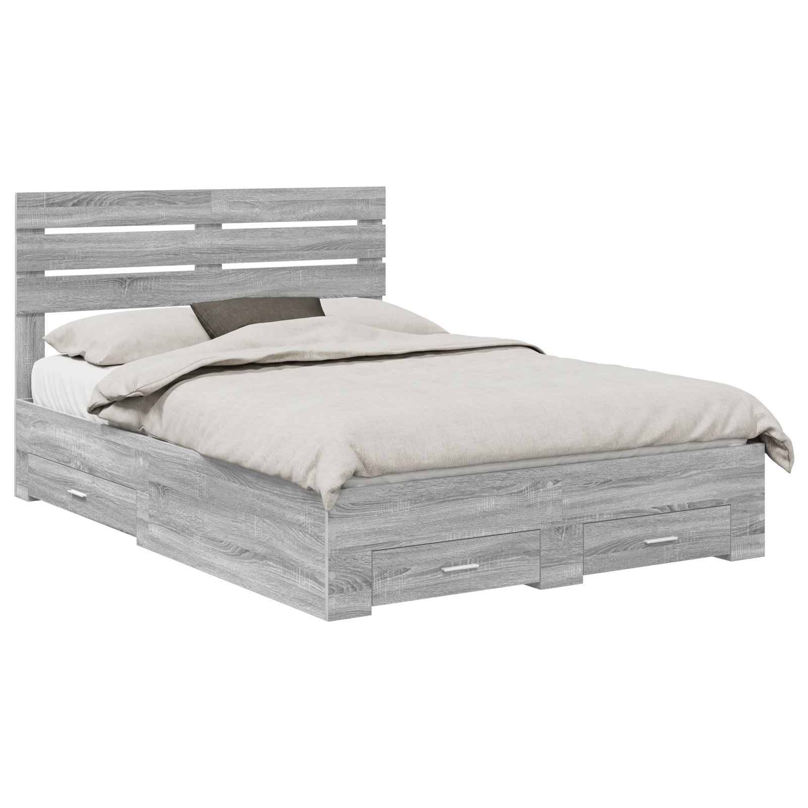 Ein Holzbettgestell mit einem Lattenkopfteil, ausgestattet mit einer beigen Bettdecke und Kissen. Das Bettgestell verfügt über Schubladen unter dem Bett für Stauraum.
