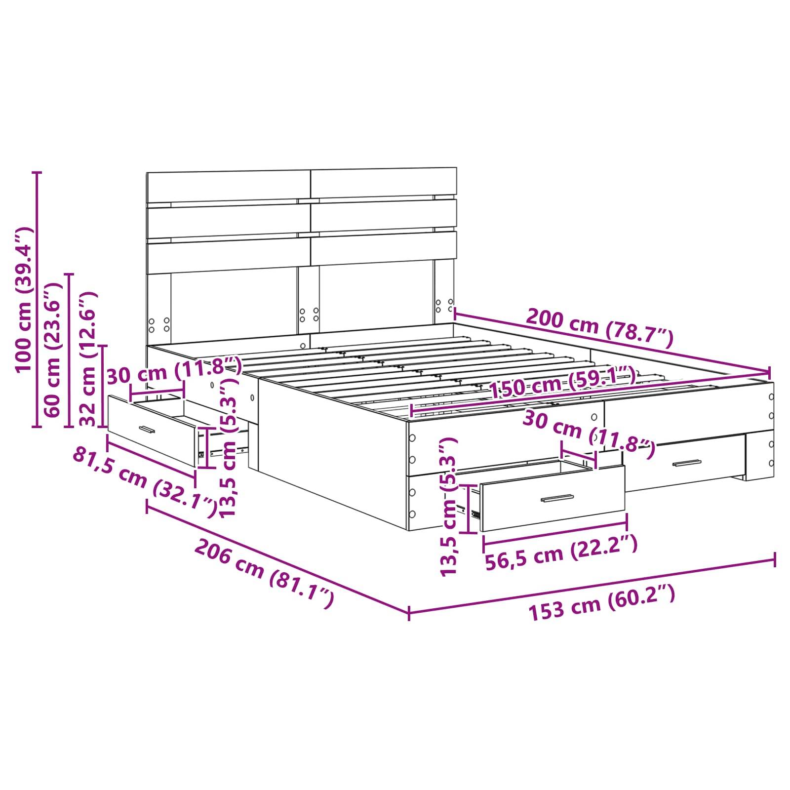 Bettmaße: 206 cm Länge, 153 cm Breite, 100 cm Höhe. Inklusive Kopfteil und Staurageschubladen. Detaillierte Maße abgebildet.
