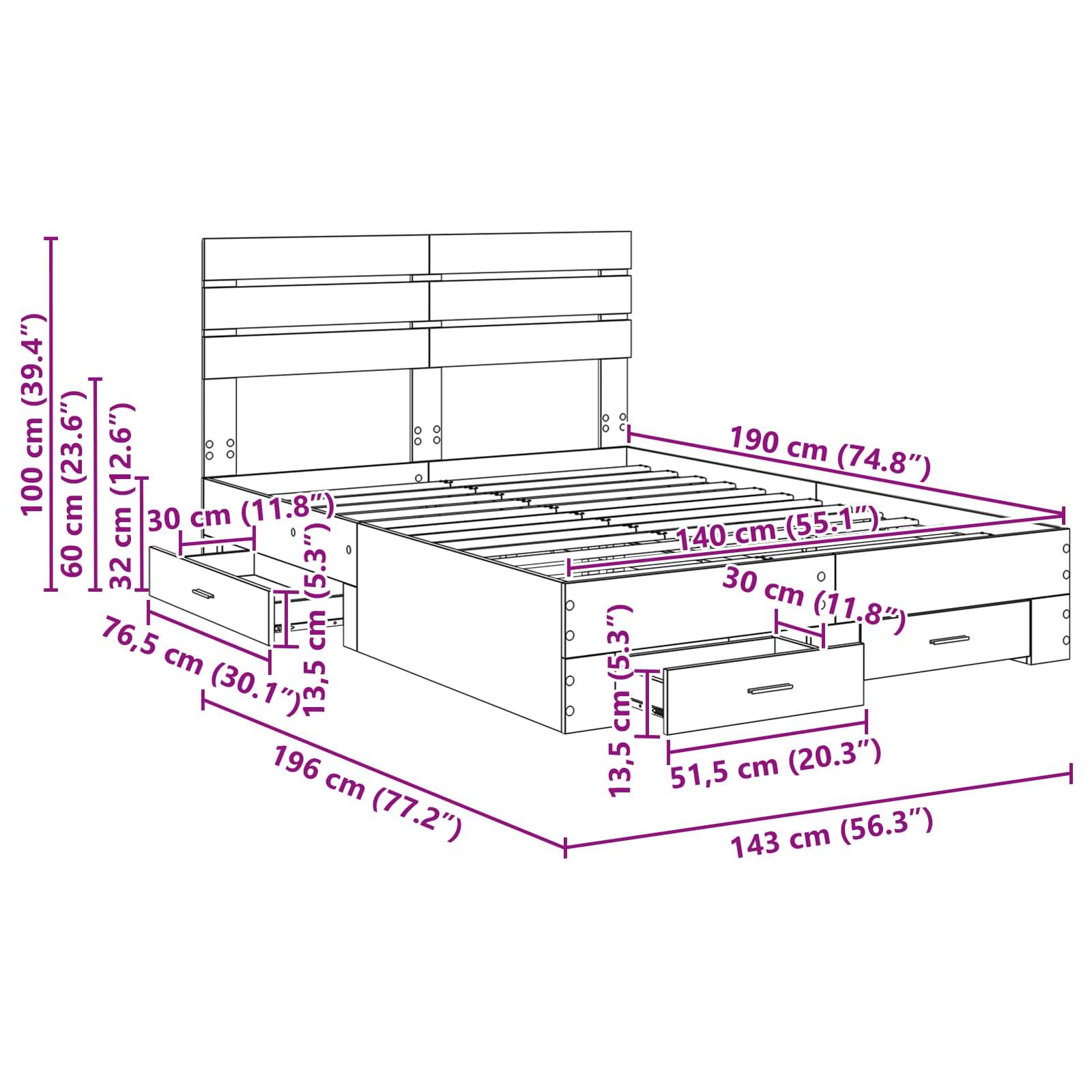 Eine Linienzeichnung eines Bettes mit Maßangaben für verschiedene Teile. Sie enthält einen Kopfteil mit 100 cm Höhe, eine Bettlänge von 190 cm und Schubladen.