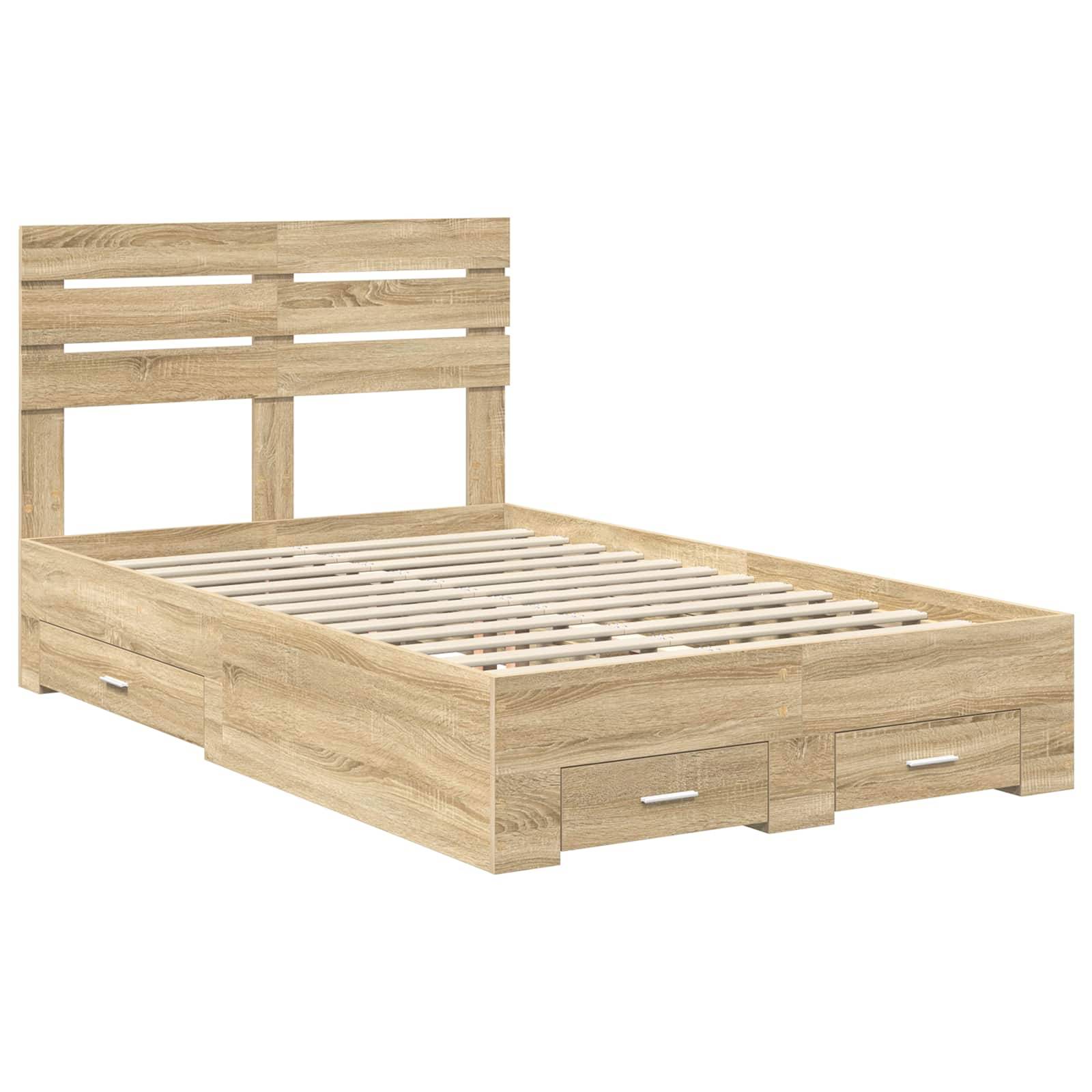 Ein Holz-Plattformbett mit einem Lattenrost-Kopfteil und -Unterbau, ausgestattet mit drei seitlichen Schubladen zur Aufbewahrung.