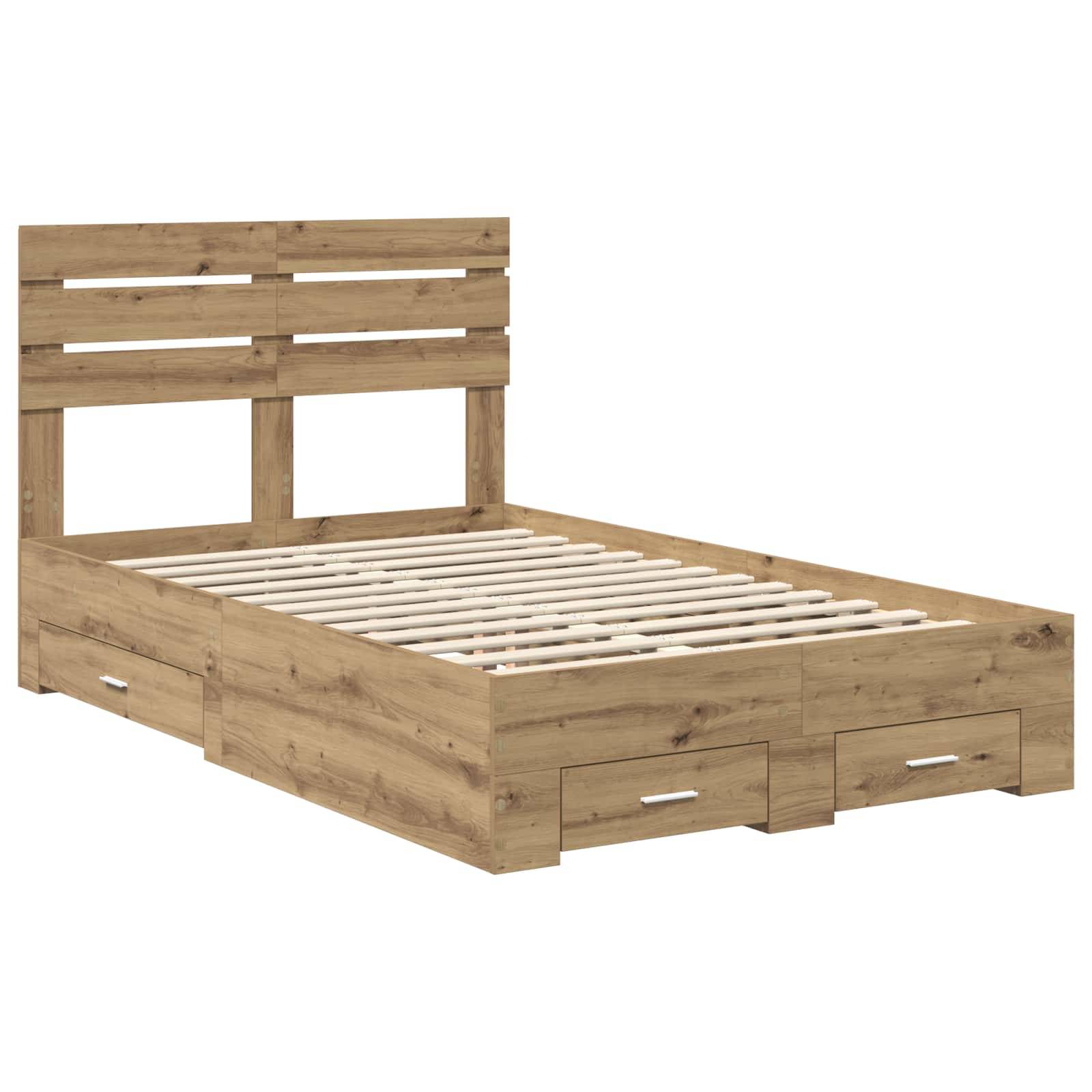 Holzbettrahmen mit Lattenrostkopfteil und Bettkasten, mit rustikaler Oberfläche und modernem Design.