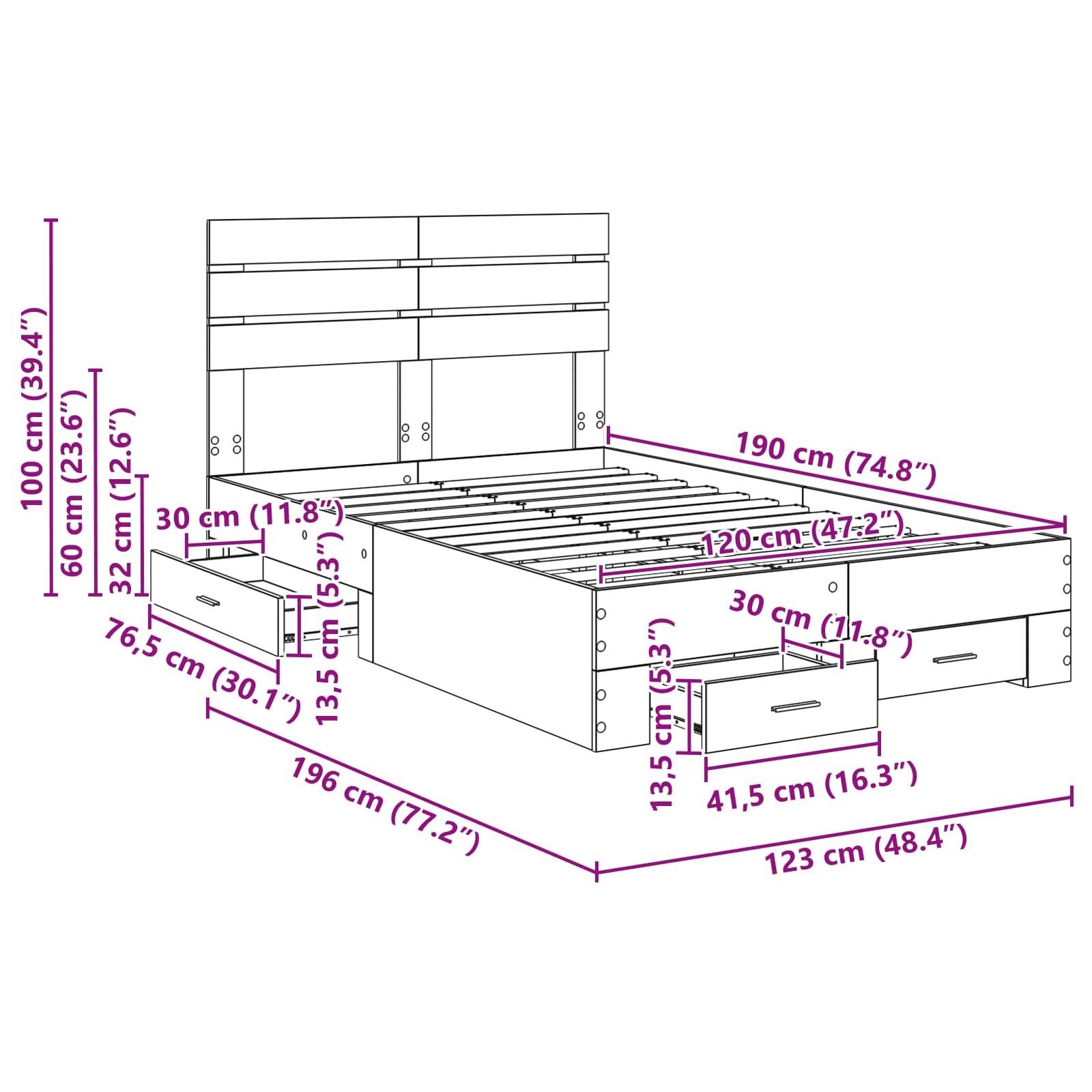 Bettrahmen-Schematik mit Maßen: Höhe 100 cm, Breite 196 cm, Tiefe 123 cm. Inklusive Schubladen: 60 cm hoch, 41,5 cm breit.