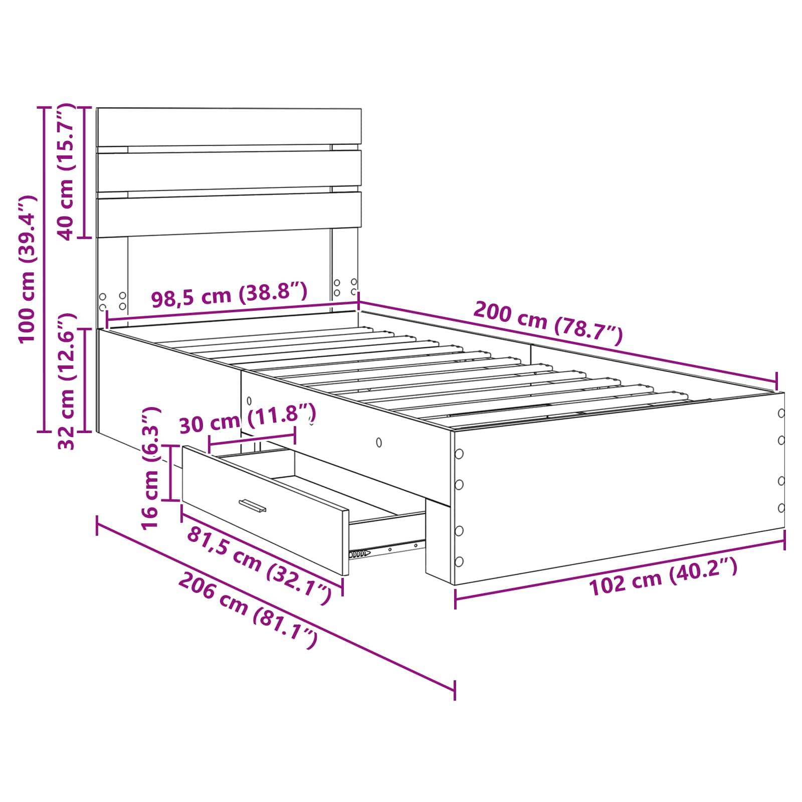Diagramm eines Bettgestells mit Stauraum, Abmessungen beschriftet: Höhe 100 cm, Breite 98,5 cm, Länge 200 cm. Schublade öffnet sich bis 81,5 cm.