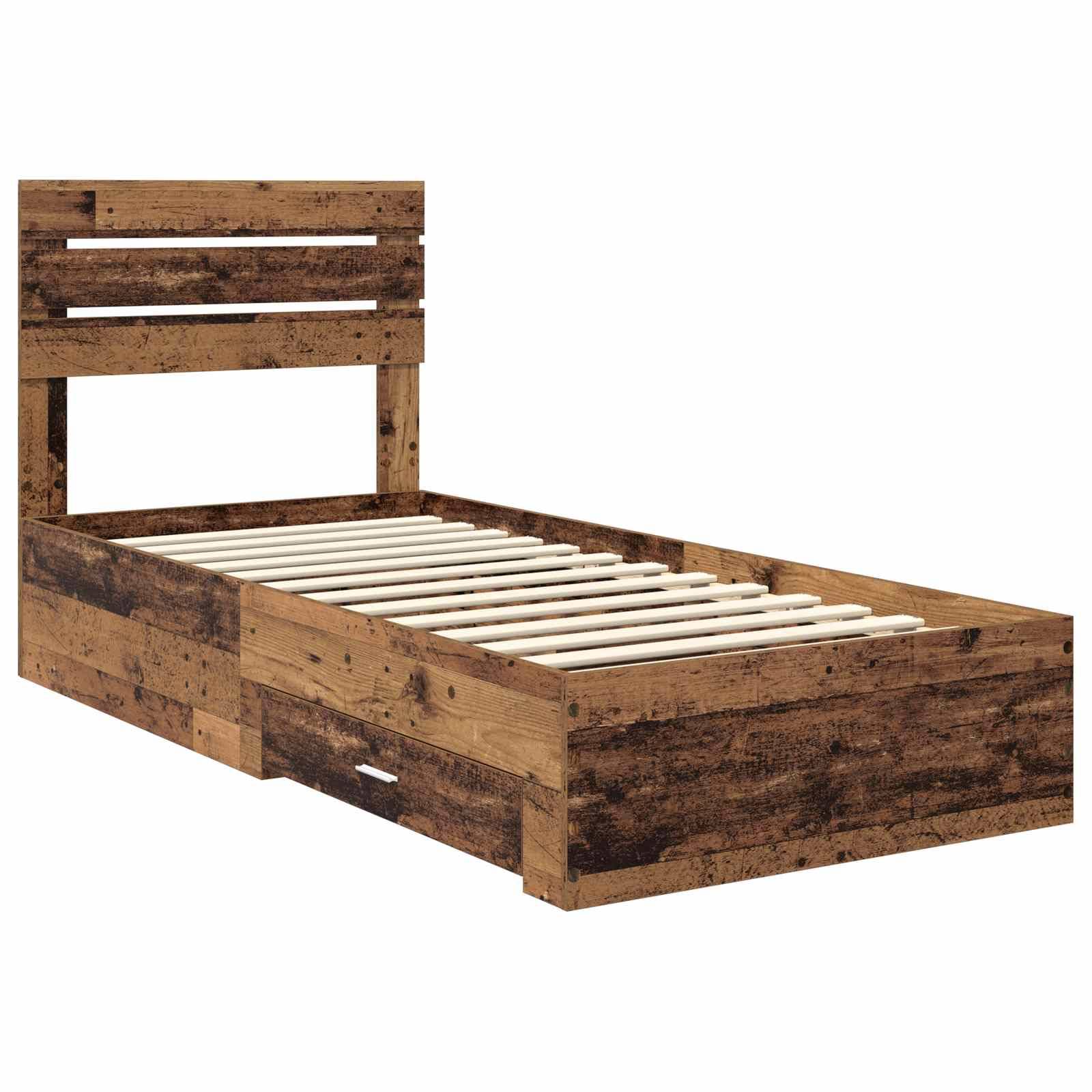 Ein Holz-Einzelbett-Rahmen mit einem Lamellen-Kopfteil und Unterbett-Schubladen, mit einer rustikalen braunen Oberfläche.