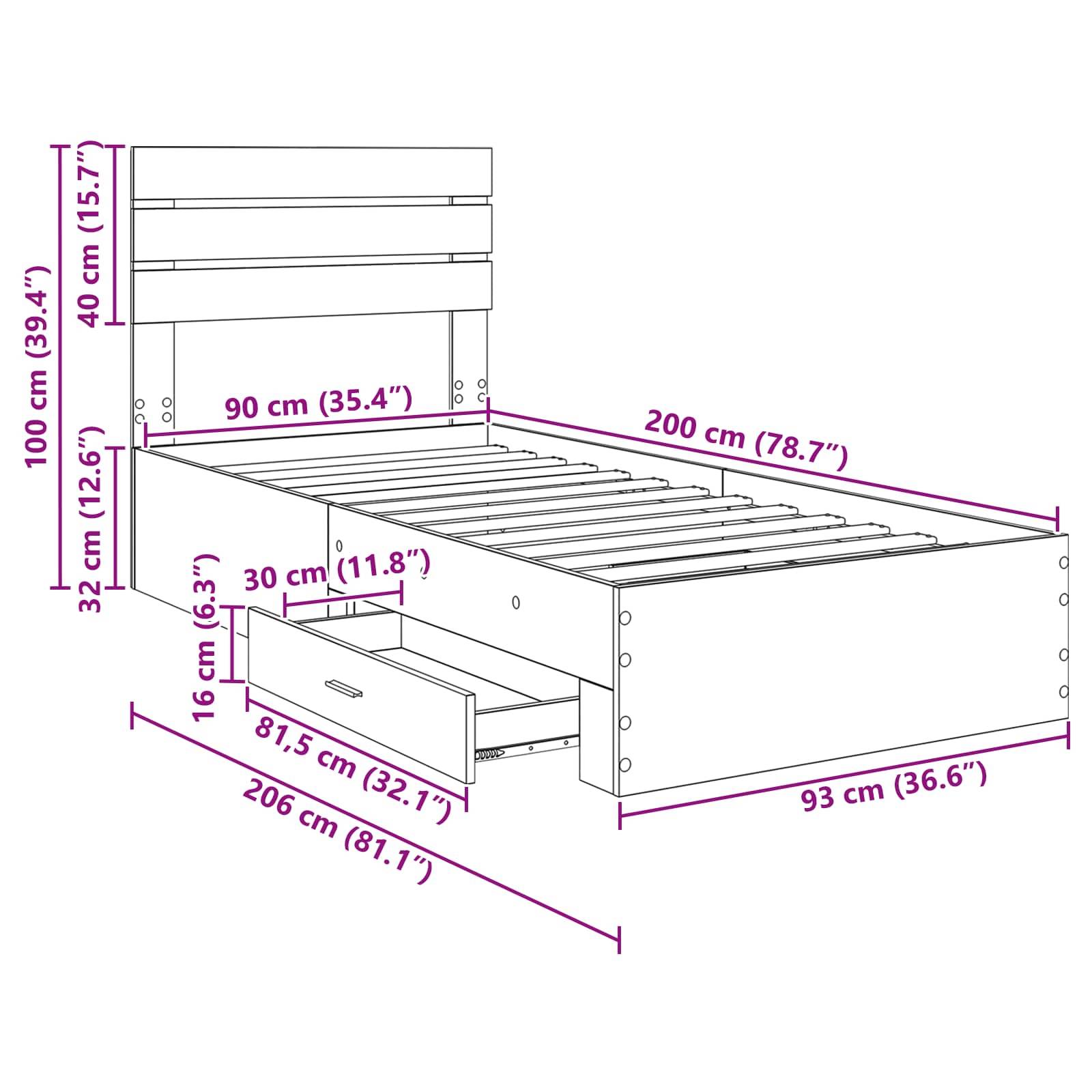 Diagramm eines Bettgestells mit Stauraum. Abmessungen: 100 cm hoch, 200 cm lang. Merkmale umfassen Lattenrost und Schubladen mit einer Breite von 81,5 cm.
