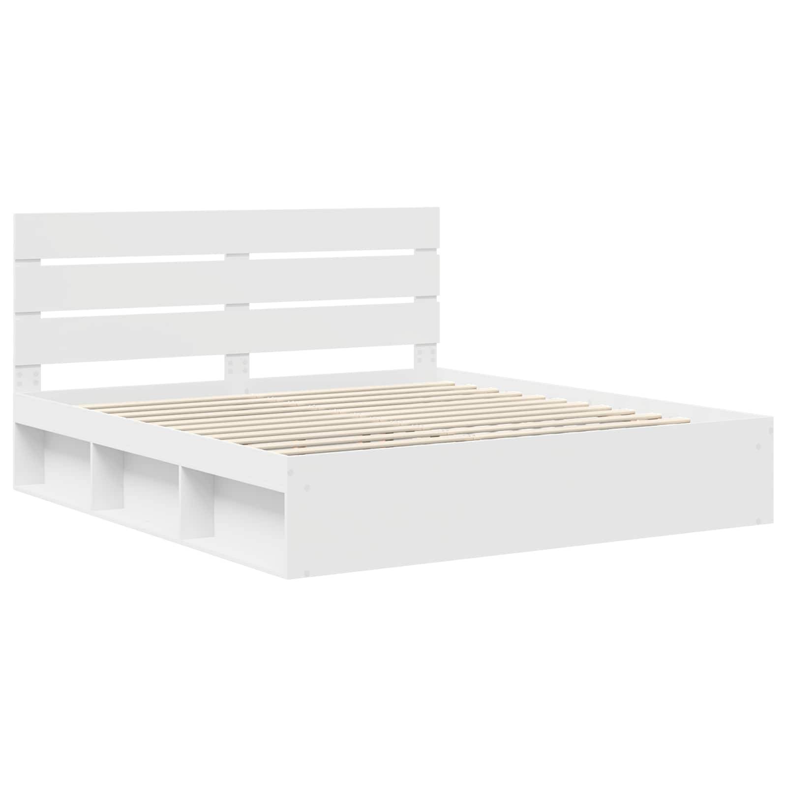 Weißer Holzbettrahmen mit einem Lattenrost-Kopfteil und Stauraumfächern darunter, im minimalistischen Stil gestaltet.