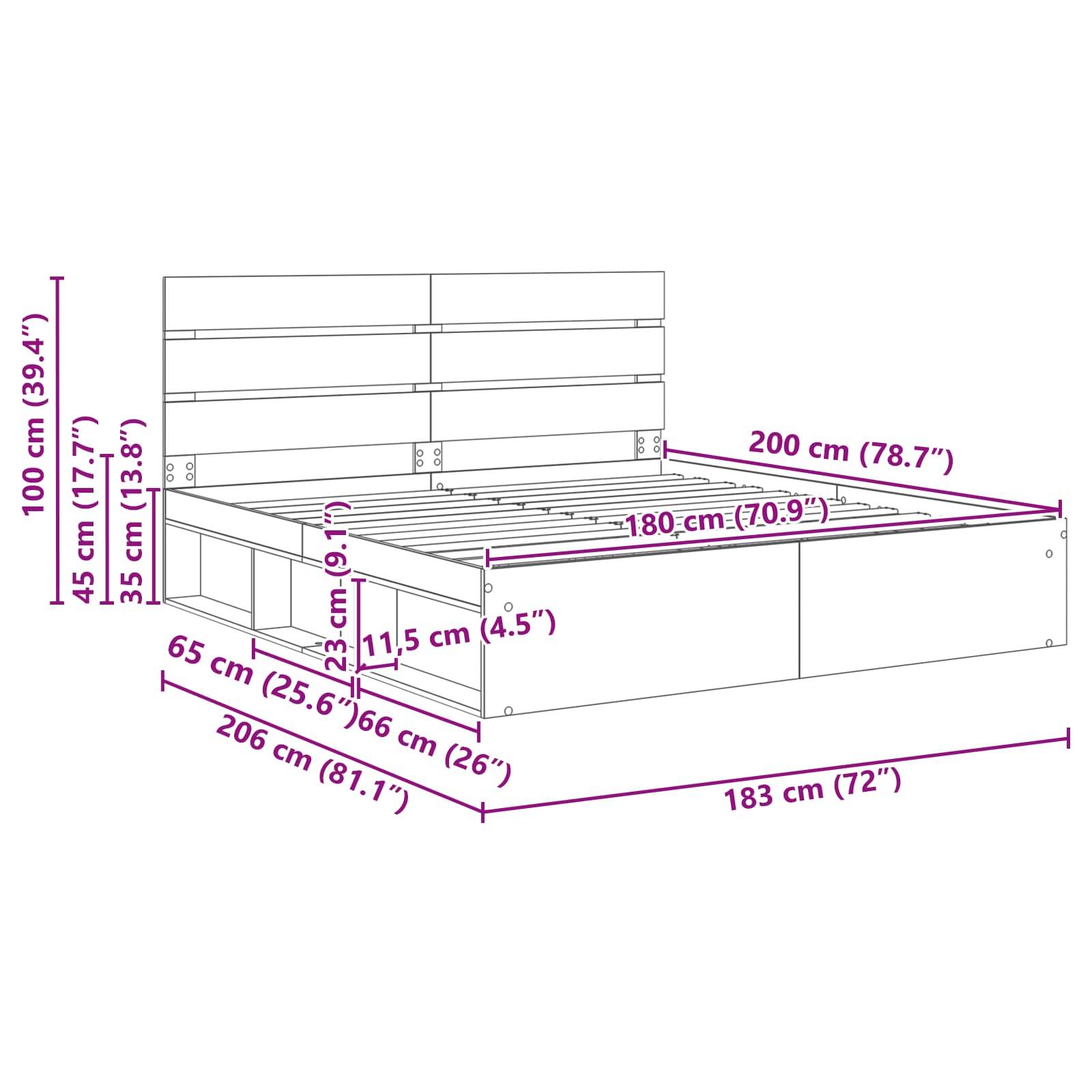 Diagramm eines Bettgestells mit Maßen: Höhe 100 cm, Breite 183 cm, Länge 206 cm. Matratzenbereich 180 cm mal 200 cm.