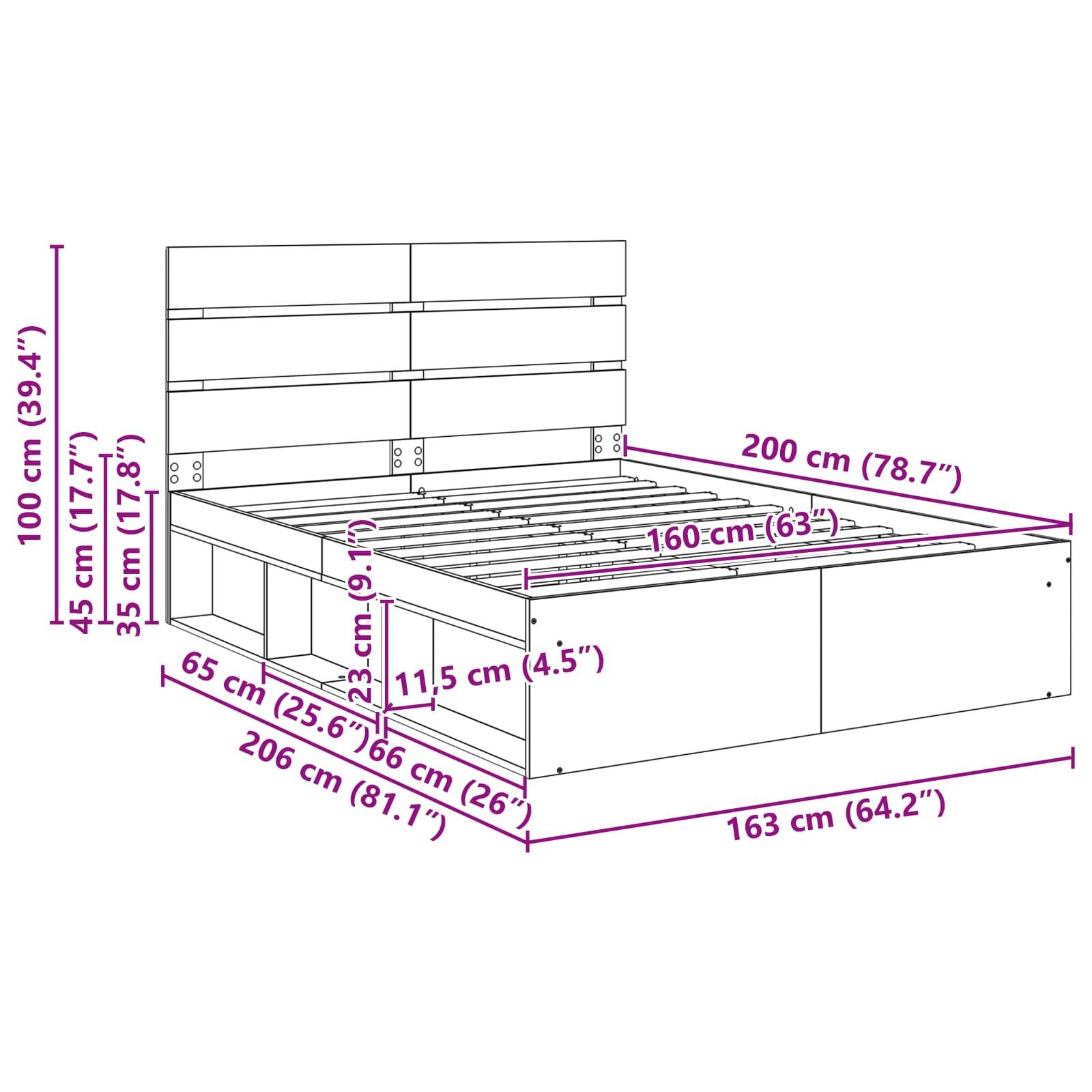 Linienzeichnung eines Bettes mit Abmessungen: Kopfteil 100 cm hoch, Rahmen 35 cm hoch, 200 cm lang, 163 cm breit. Seitliche Stauraum 45 cm hoch.