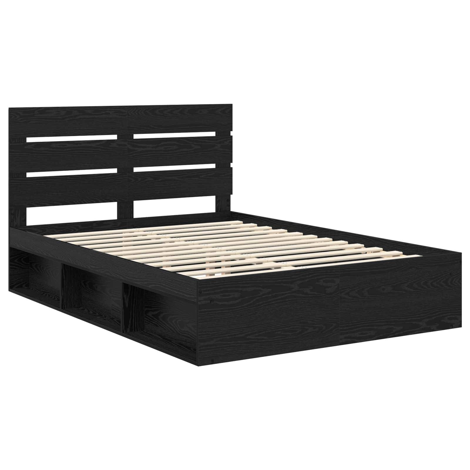 Ein schwarzes Holz-Plattformbett mit einem Lattenrost-Kopfteil und Stauraum-Fächern unter dem Bett.