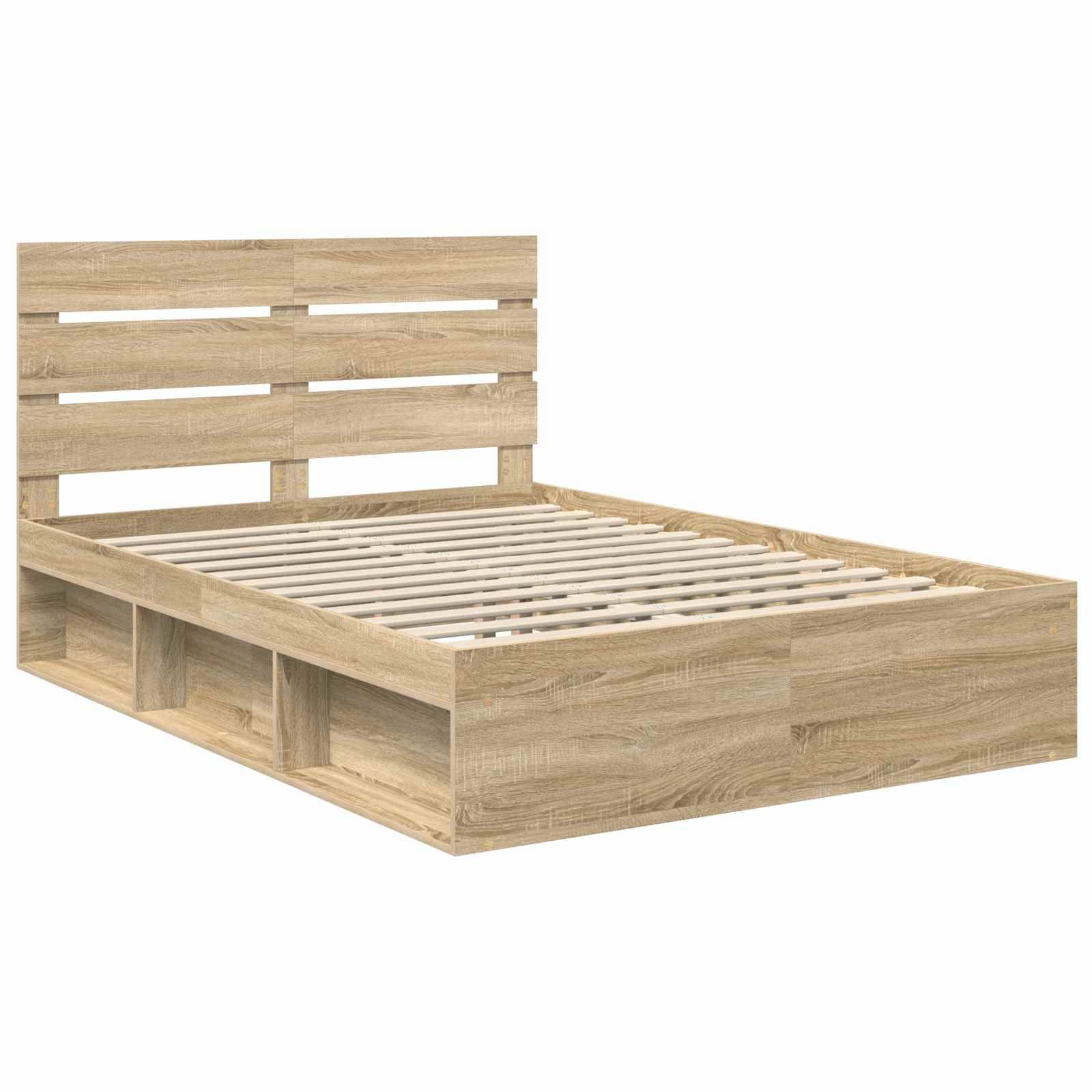 Ein Holzbettgestell mit einem Lattenrost-Kopfteil und Stauraumfächern darunter, von einem schrägen Winkel aus präsentiert.