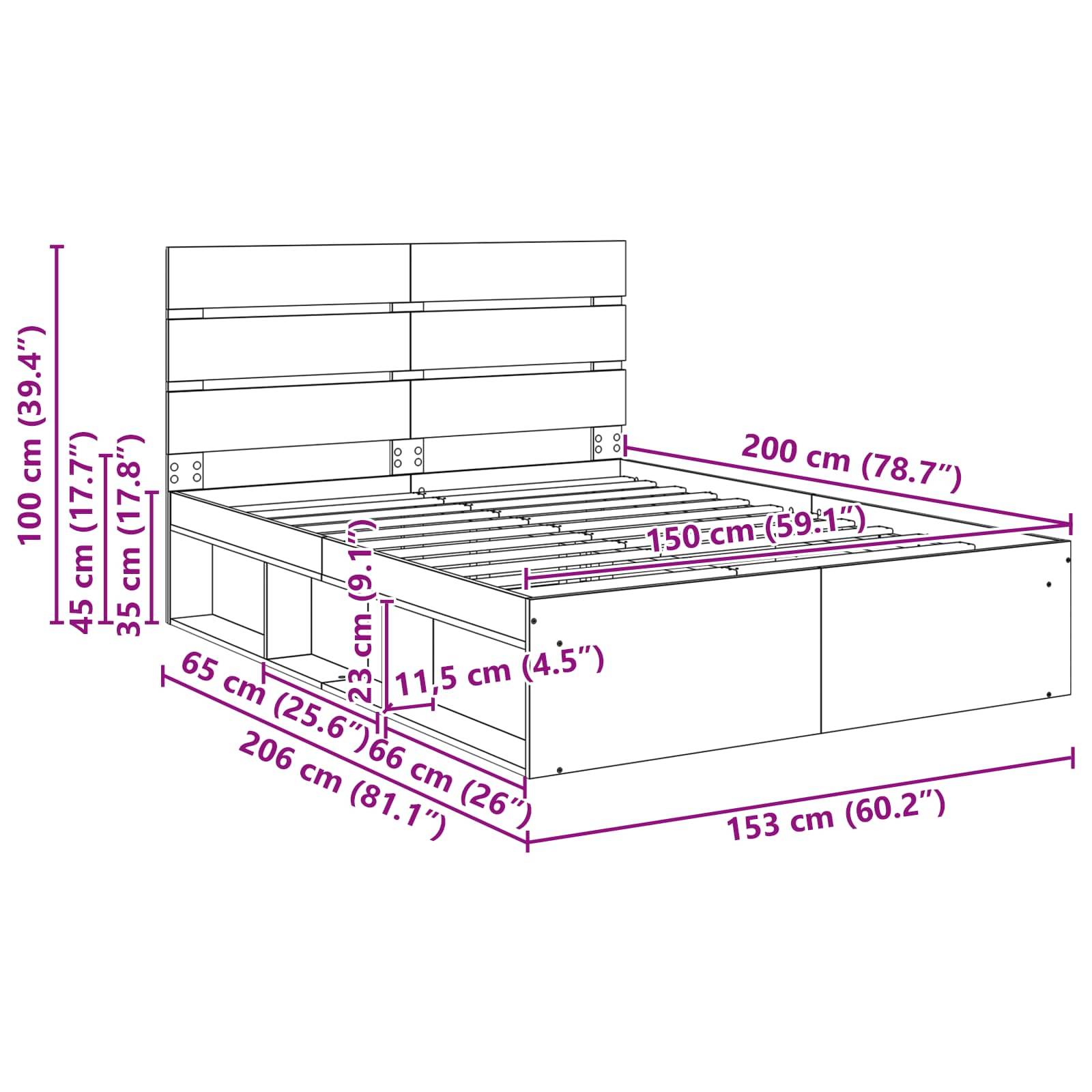 Maße des Bettes: 206 cm lang, 153 cm breit, 100 cm hoch. Plattformhöhe beträgt 35 cm. Höhe des Kopfteils ist 65 cm. Seitenschubladen erstrecken sich bis zu 45 cm.
