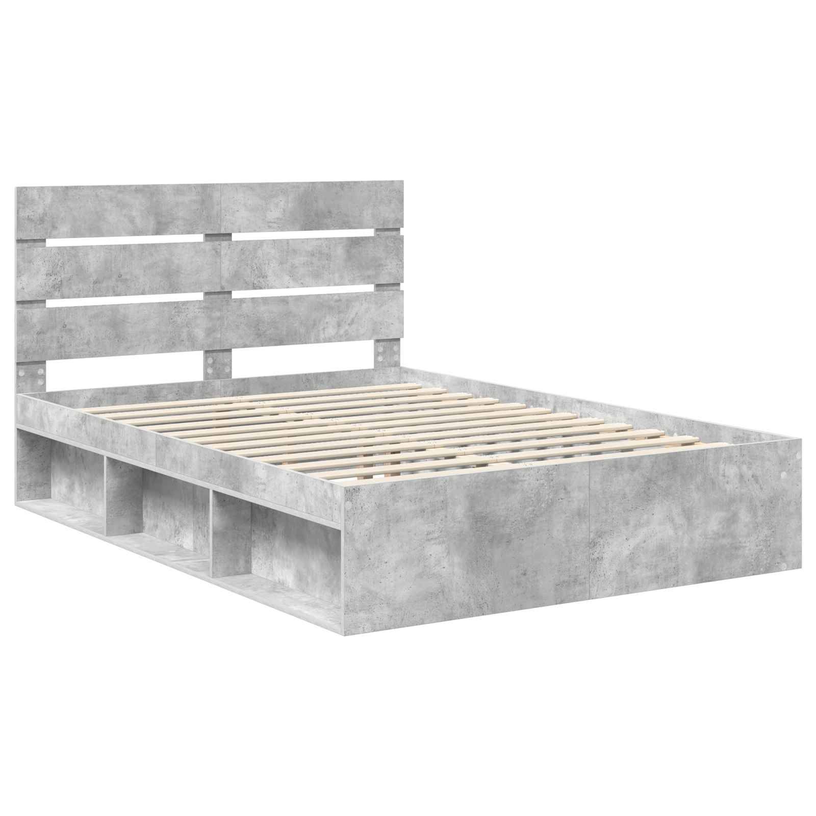Ein grauer Betonplattform-Bettrahmen mit einer lamellierter Matratzenunterlage und einem Kopfteil mit drei Latten, ausgestattet mit offenen Fächerspeichern darunter.