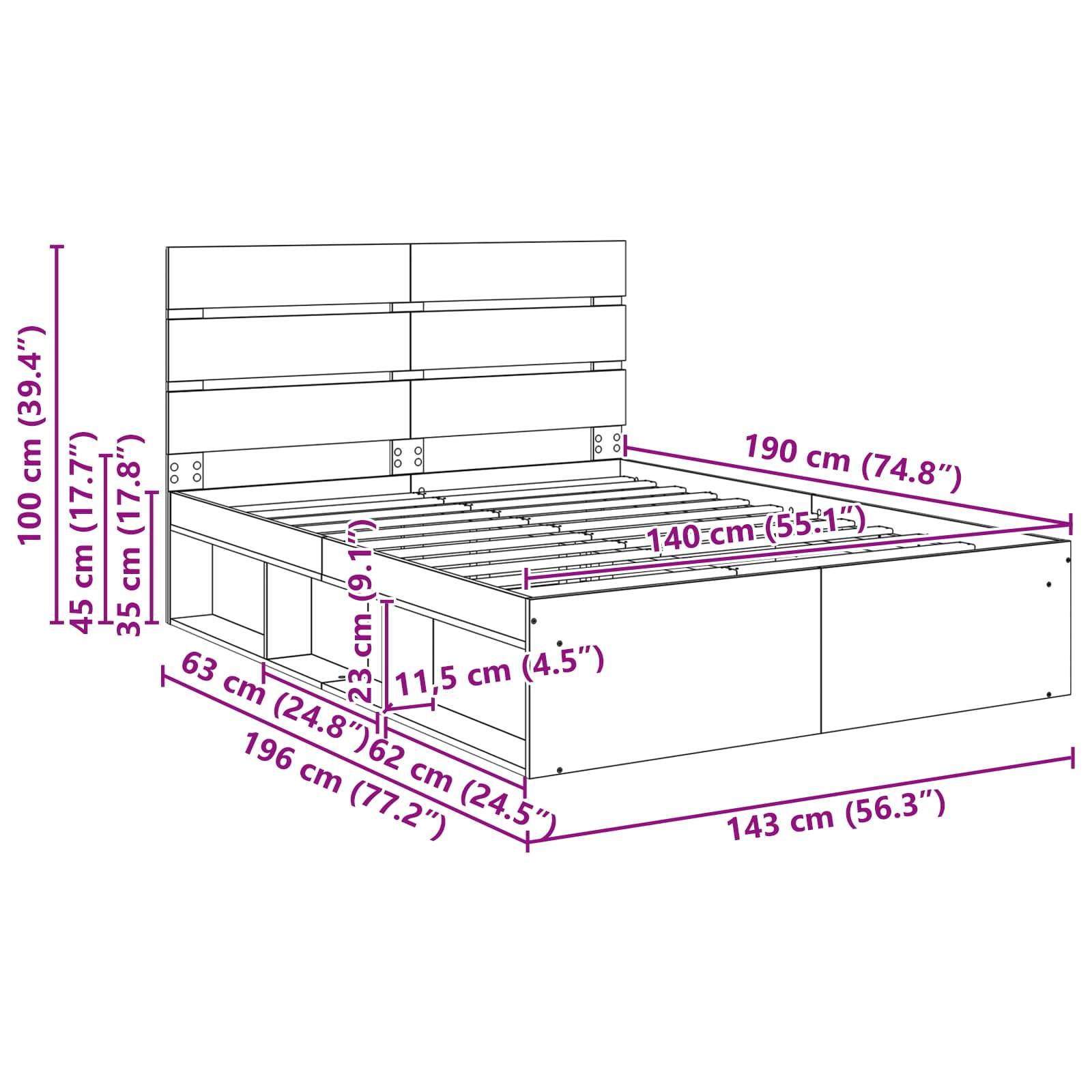 Bettrahmenabmessungen: Höhe 100 cm (Kopfende), Breite 196 cm, Tiefe 196 cm. Aufbewahrungsschubladen: Höhe 35 cm, Tiefe 62 cm. Matratzenbereich: 140 cm x 190 cm.