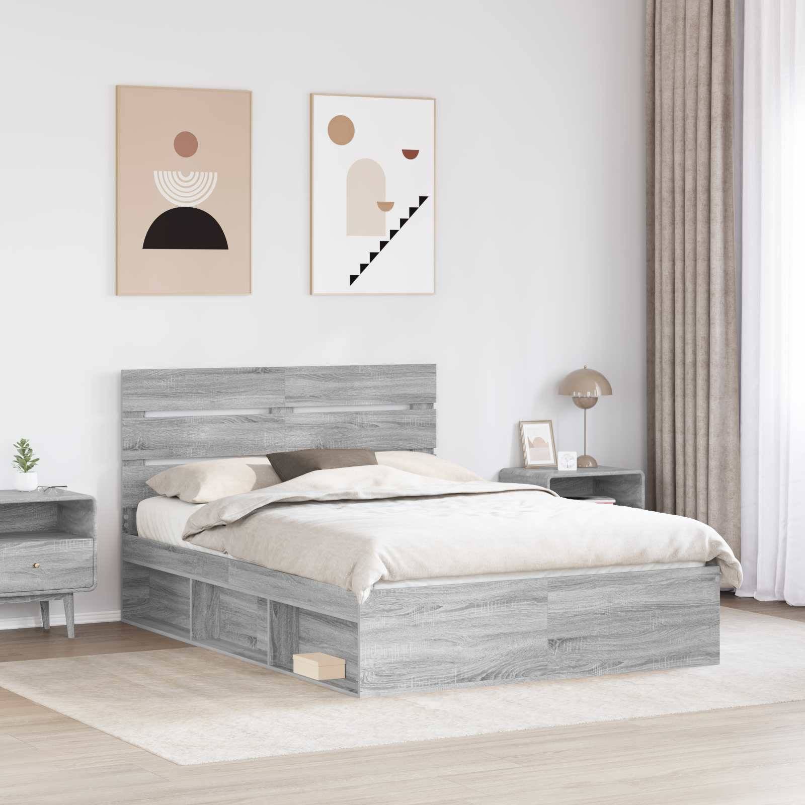 Ein modernes Schlafzimmer mit einem grauen Holzbett, neutraler Bettwäsche, einem Nachttisch mit einer Lampe und abstrakter Kunst an der Wand.