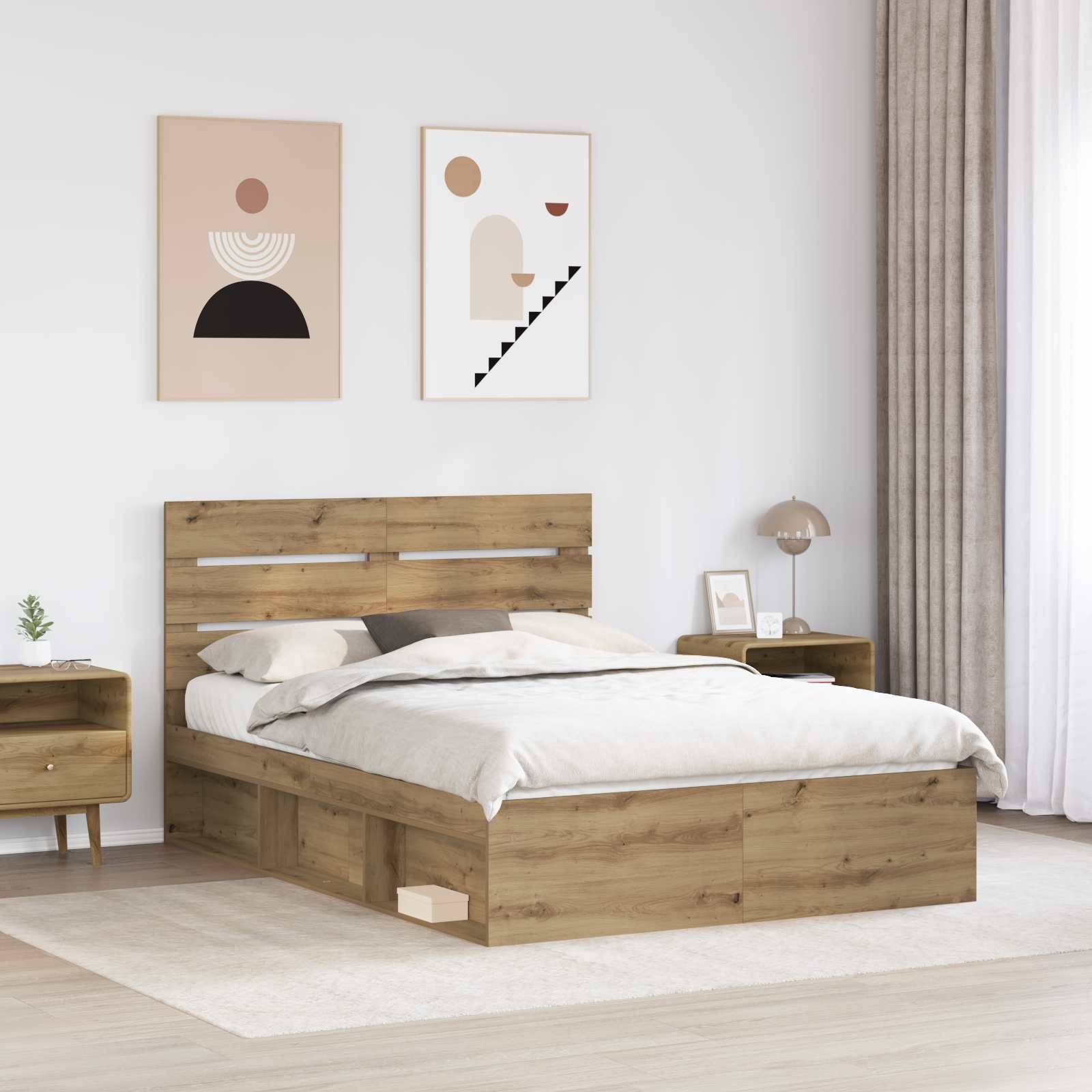 Ein modernes Schlafzimmer mit einem Holzbett mit Aufbewahrungsschubladen, einem Nachttisch und minimalistischer Wandkunst auf einer weißen Wand.