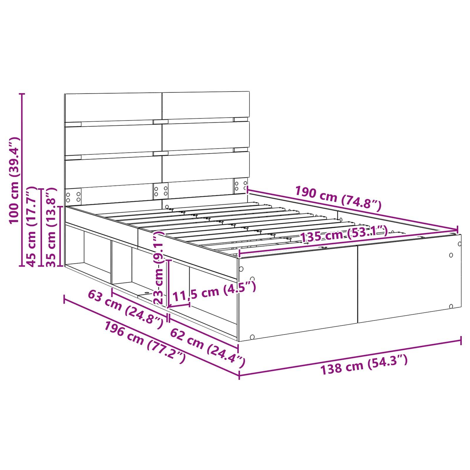 Eine Skizze eines Bettgestells mit Stauraum. Abmessungen: 190 cm lang, 138 cm breit, 100 cm hoch. Seitliche Schubladen und Kopfteil dargestellt.