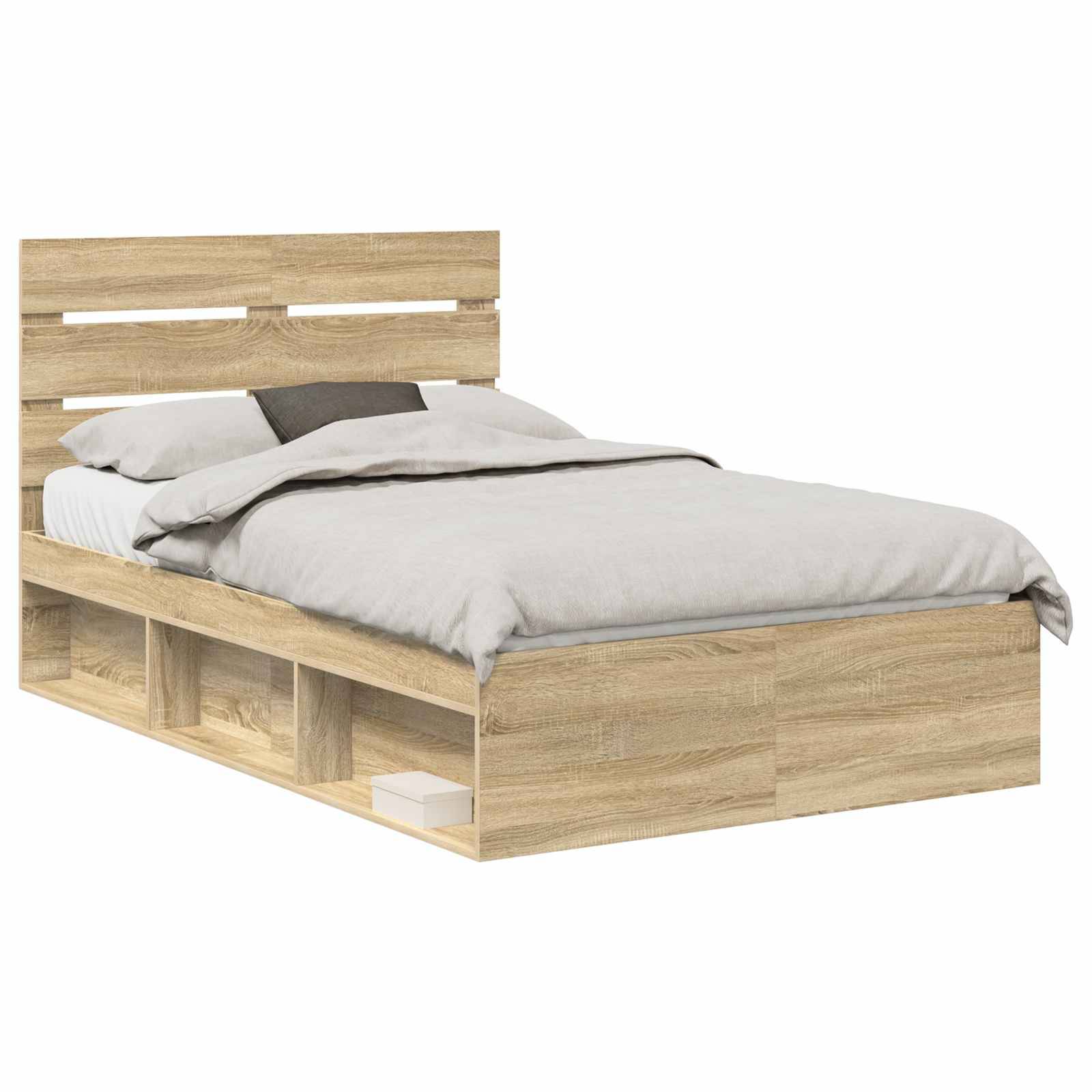 Ein Bettgestell aus hellem Holz mit einem Lattenrost als Kopfteil, auf dem ein ordentlich bezogenes Bett mit weißer und grauer Bettwäsche steht.