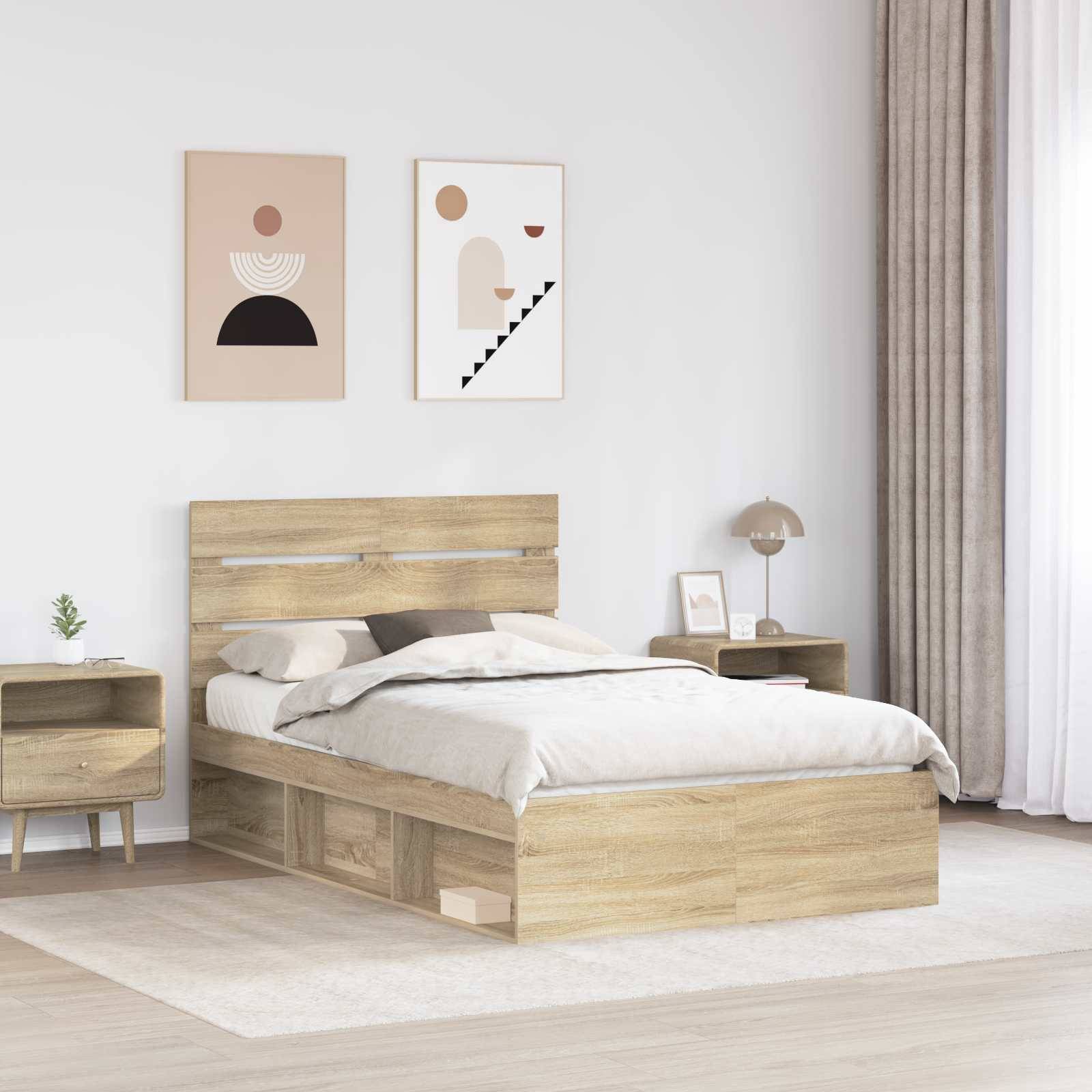 Ein modernes Schlafzimmer mit einem Holzbett, weißer Bettwäsche, einem kleinen Nachttisch mit einer Pflanze und abstrakter Kunst an der Wand. Natürliches Licht strömt herein.