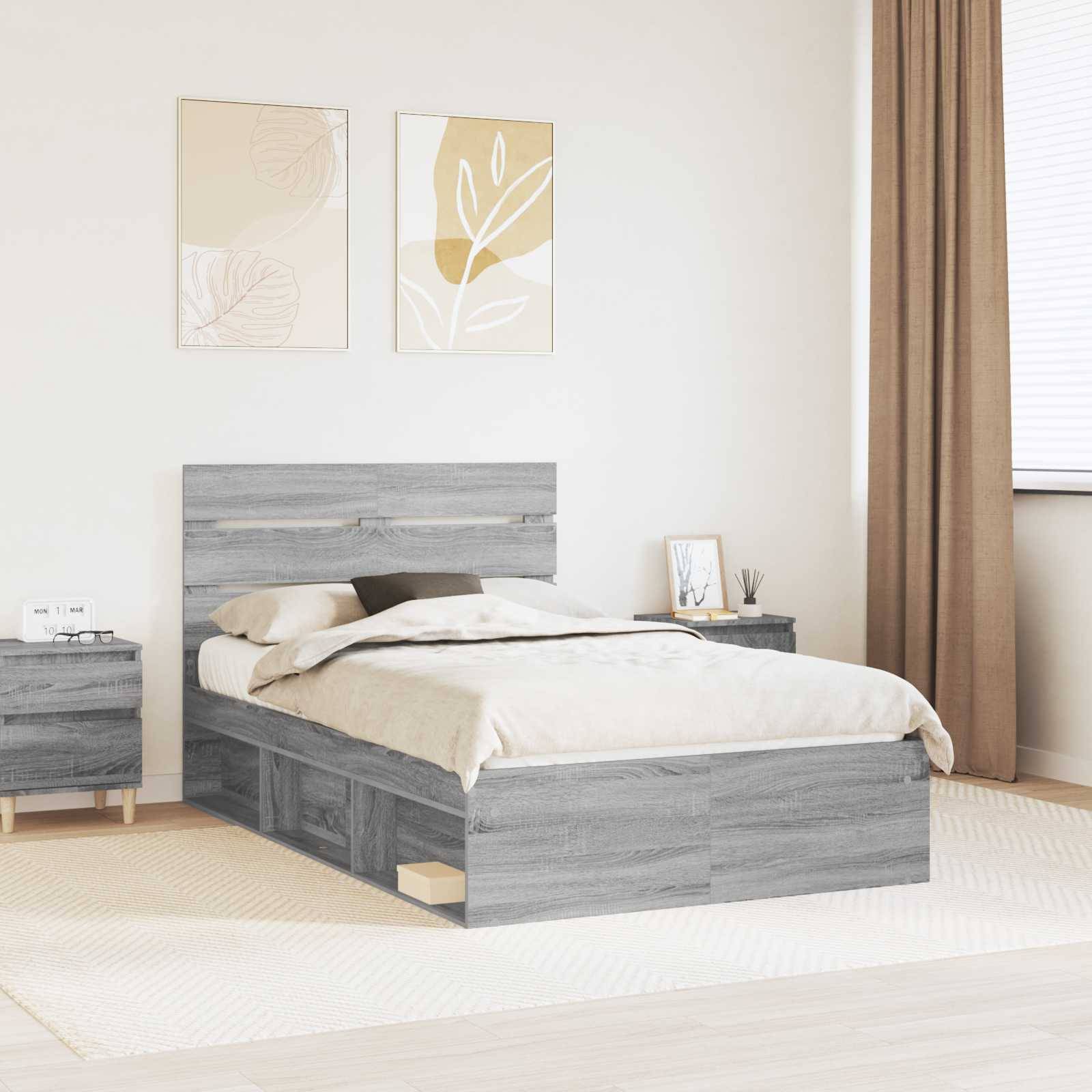 vidaXL Bettrahmen Graues Sonoma 135 x 190 cm Massives Kiefernholz