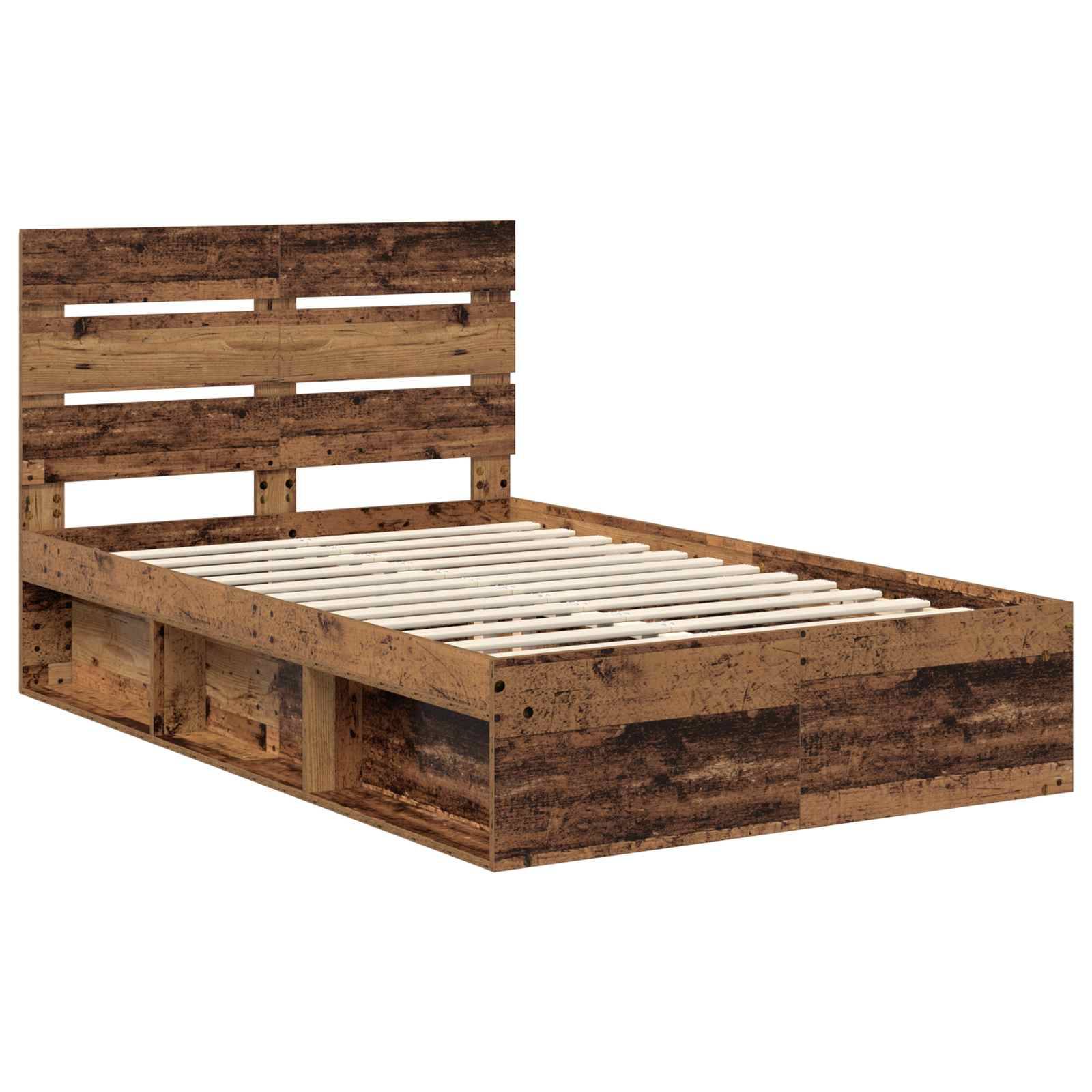 Ein Holz-Plattformbett mit rustikaler Oberfläche und geschlitztem Kopfteil-Design, ausgestattet mit Stauraum-Fächern unter dem Bett.