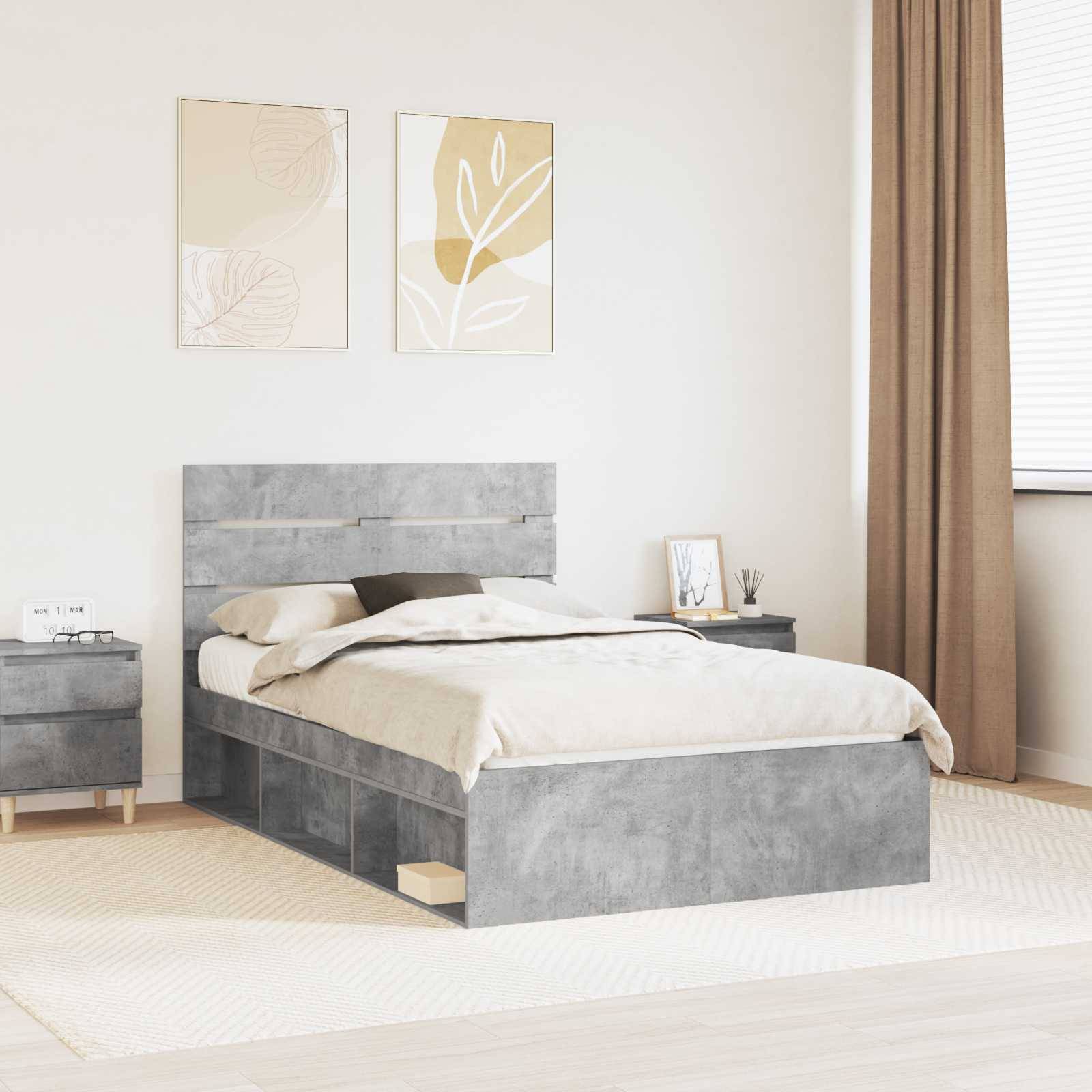 vidaXL Bettrahmen Beton Grau 135 x 190 cm Massives Kiefernholz