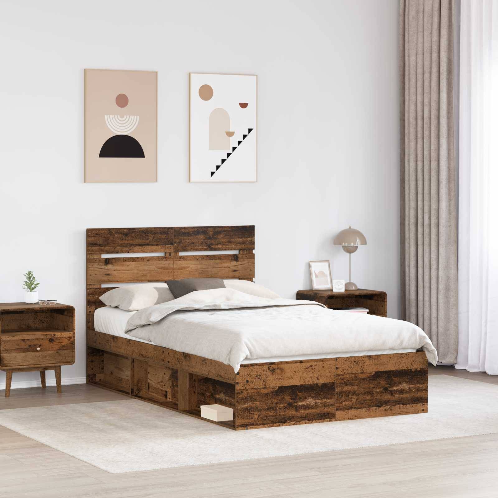 Ein modernes Schlafzimmer mit einem Holzbett mit integriertem Stauraum, einem Nachttisch, minimalistischer Wandkunst und einem Fenster mit Vorhängen.