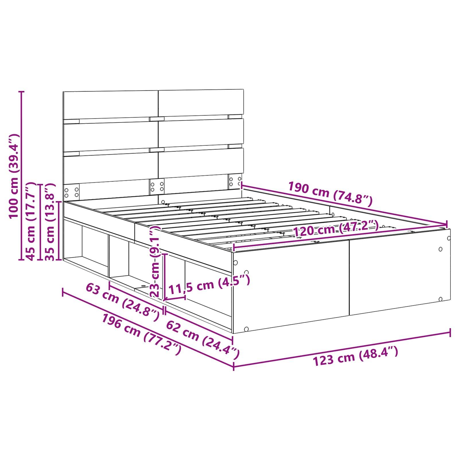 Bettrahmenabmessungen: Höhe 100 cm, Breite 190 cm, Tiefe 196 cm. Ausstattung mit Stauraum und Innenabmessungen von 123 cm Breite und 35 cm Höhe.