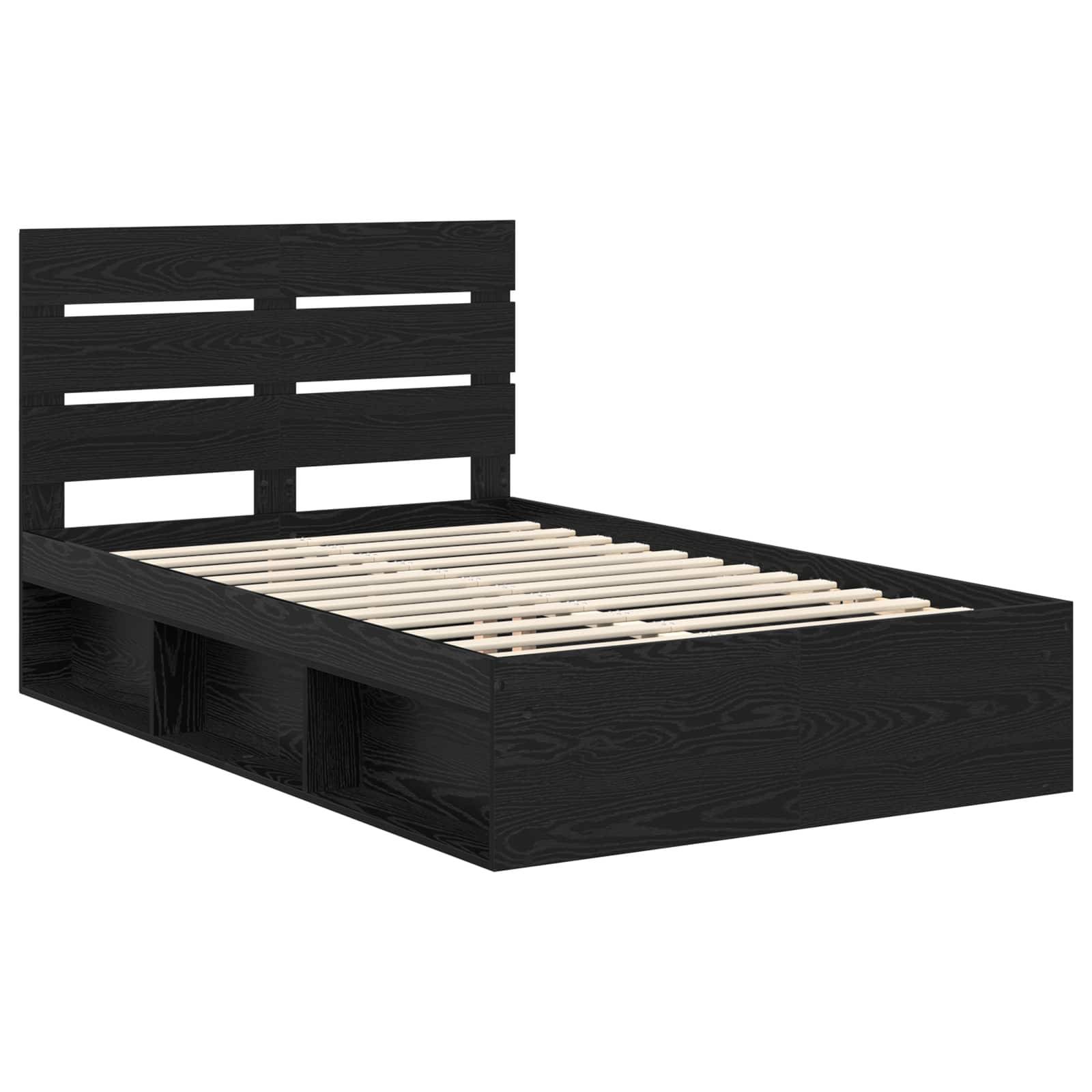 Ein schwarzer Holzbettrahmen mit einem Lattenrost-Kopfteil und Stauraumfächern unter dem Bett.