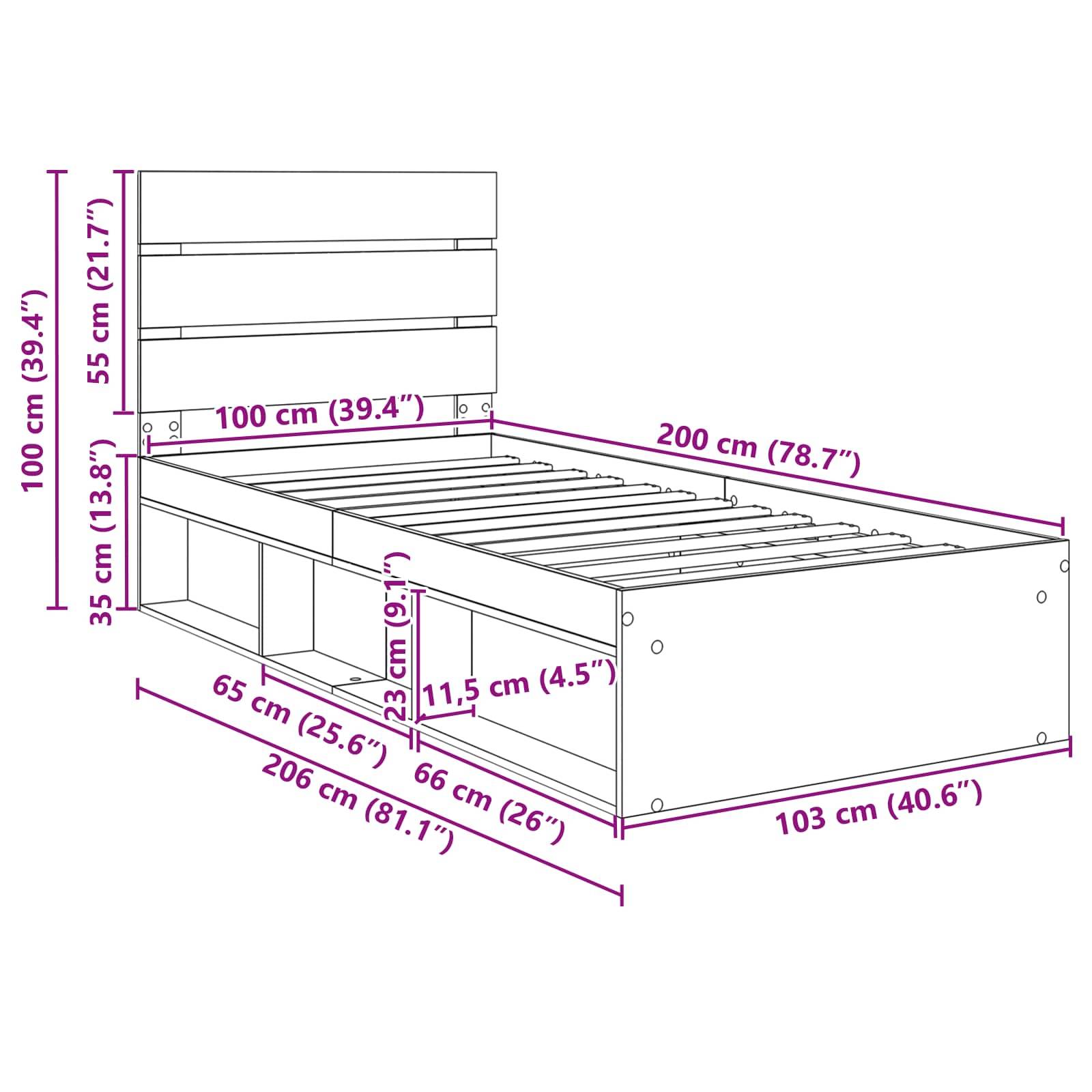 Bettrahmen-Diagramm mit Maßen: Länge 206 cm, Breite 103 cm, Höhe 100 cm. Enthält Stauraumbereiche und Lattenrostabmessungen.