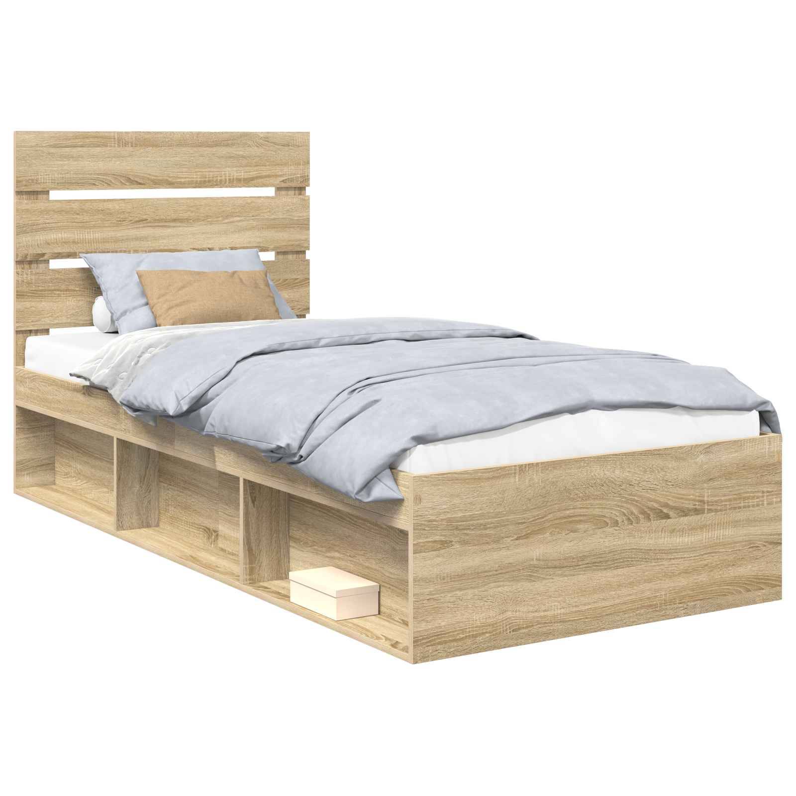Ein Holz-Einzelbett mit eingebauten Regalen an einer Seite, einem Lattenrost-Kopfteil und ordentlich arrangierten Kissen und Bettwäsche.