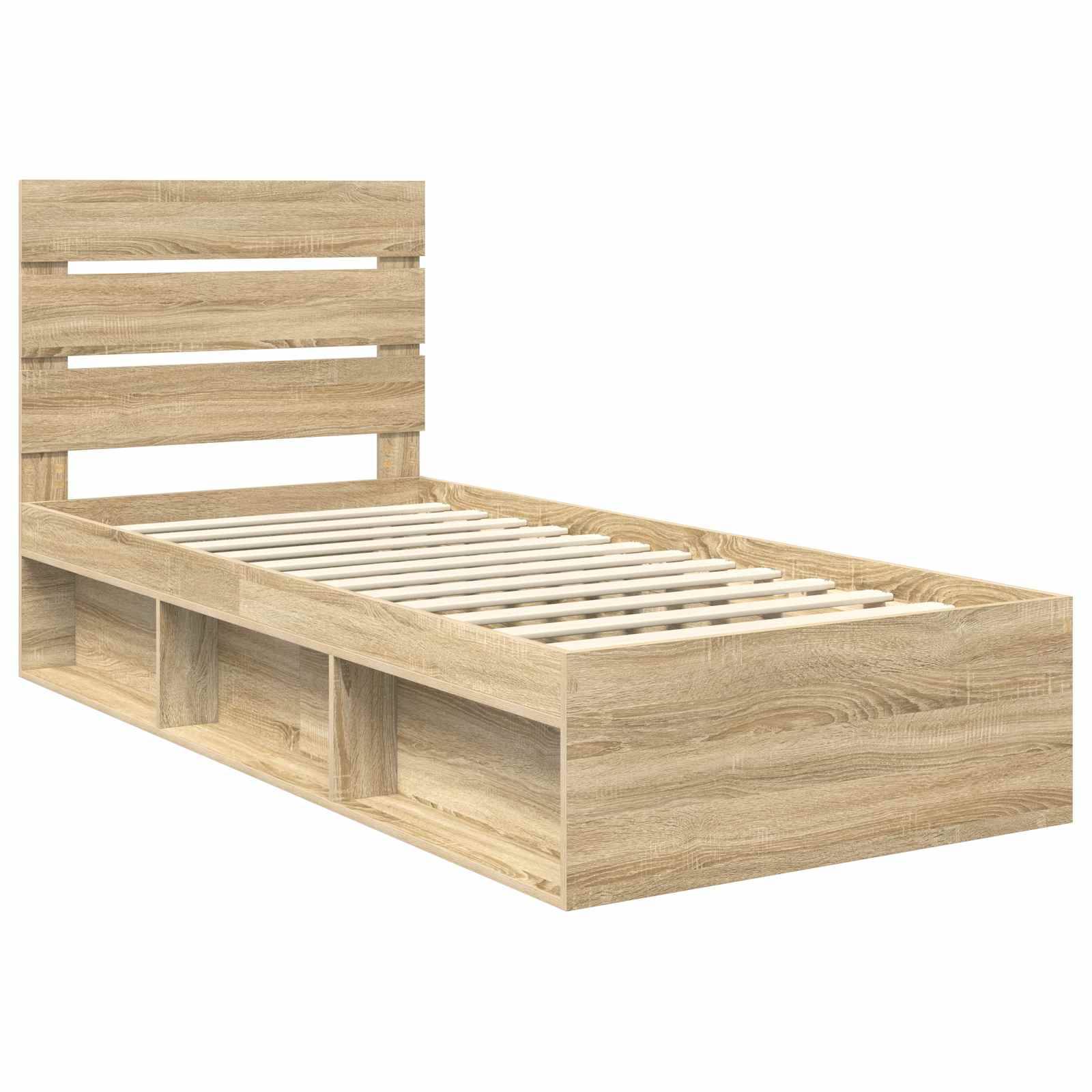 Ein Doppelbett-Rahmen aus Holz mit einem lamelliertem Kopfteil und integrierten Regalen darunter, mit einer hellen Eichenoberfläche.