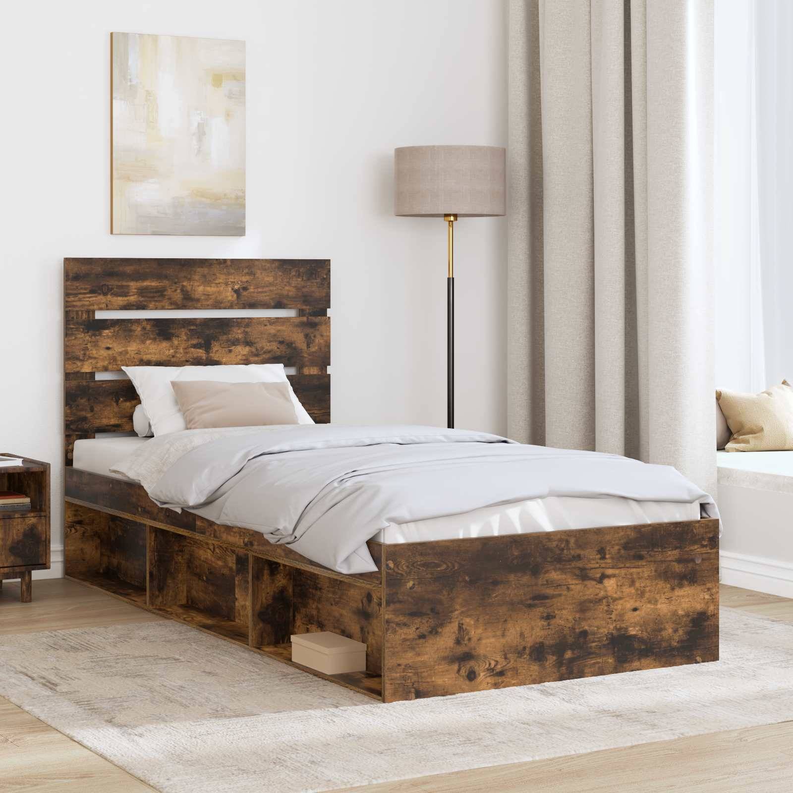 vidaXL Bettrahmen Geräucherte Eiche 90 x 200 cm Massives Kiefernholz