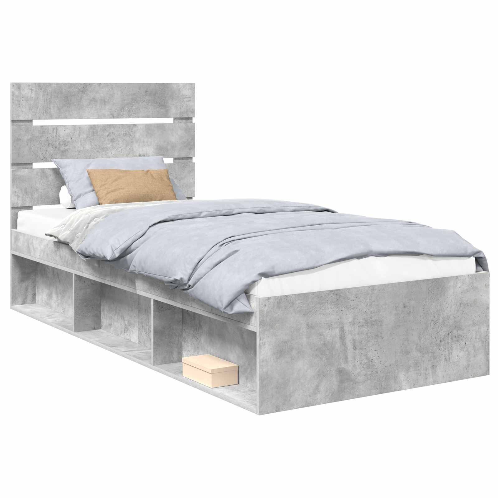 Graues Holzbett mit Kopfteil und seitlichen Ablagefächern, ordentlich bezogen mit hellblauen Laken und einem braunen Kissen, vor einem schlichten Hintergrund.
