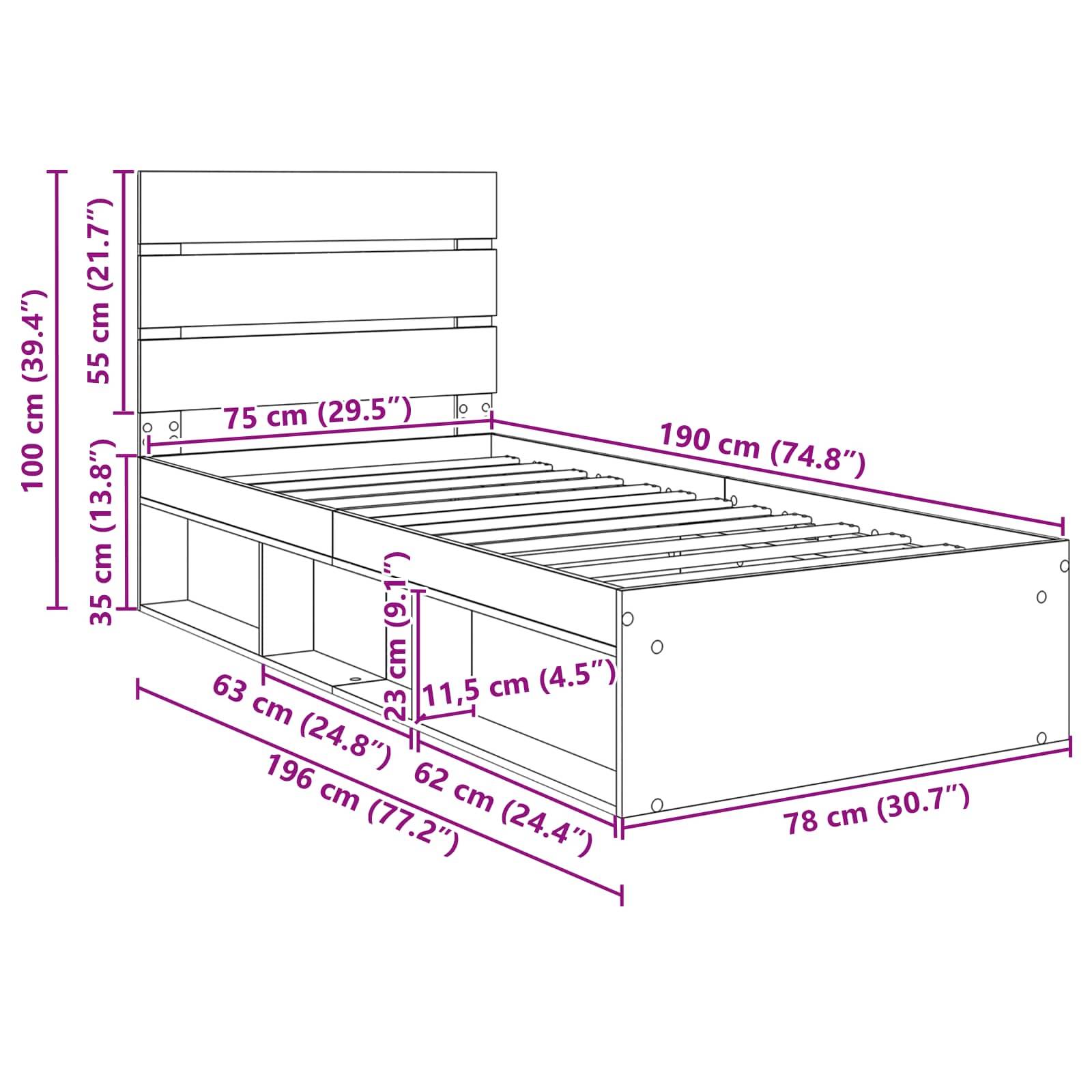 Diagramm eines Bettes mit beschrifteten Abmessungen: Höhe des Kopfteils 100 cm, Bettlänge 196 cm, Breite 78 cm. Seitenschubladen 63 cm und 32 cm.