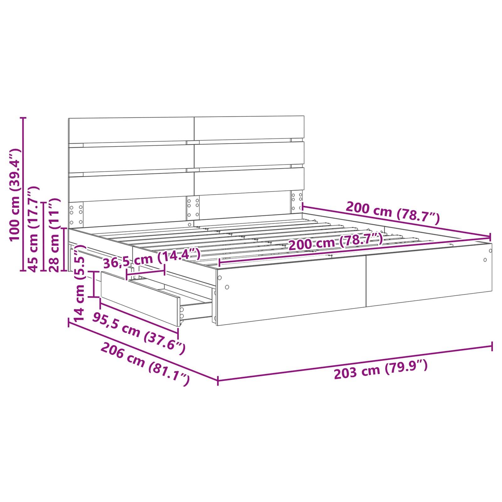 Diagramm eines Bettgestells mit Maßen: Höhe 100 cm (39,4