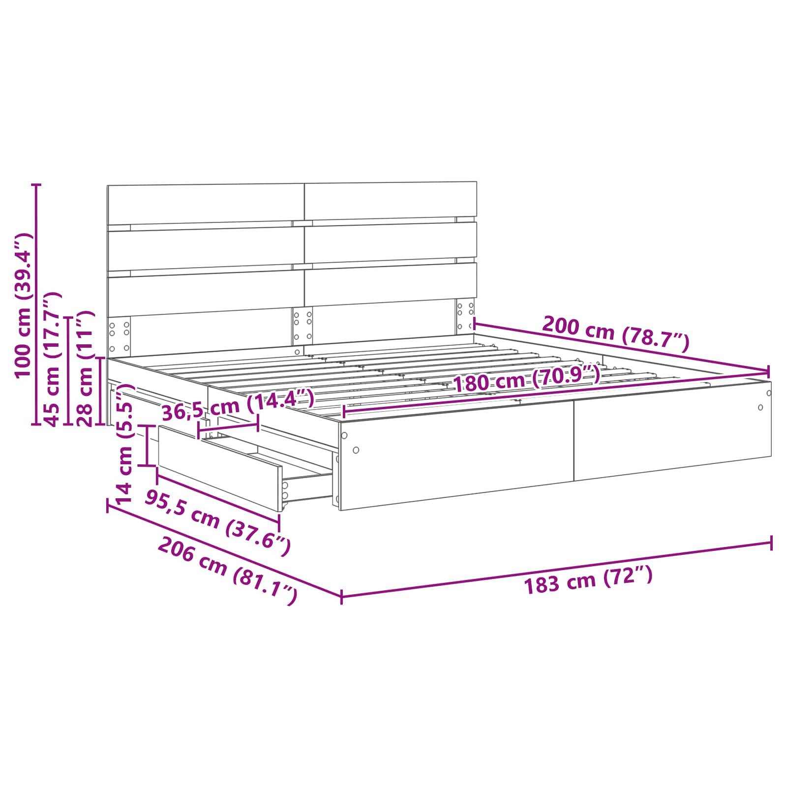Darstellung eines Bettgestells mit detaillierten Maßen: Höhe 100 cm, Breite 183 cm, Länge 206 cm. Matratzengröße 180 x 200 cm.